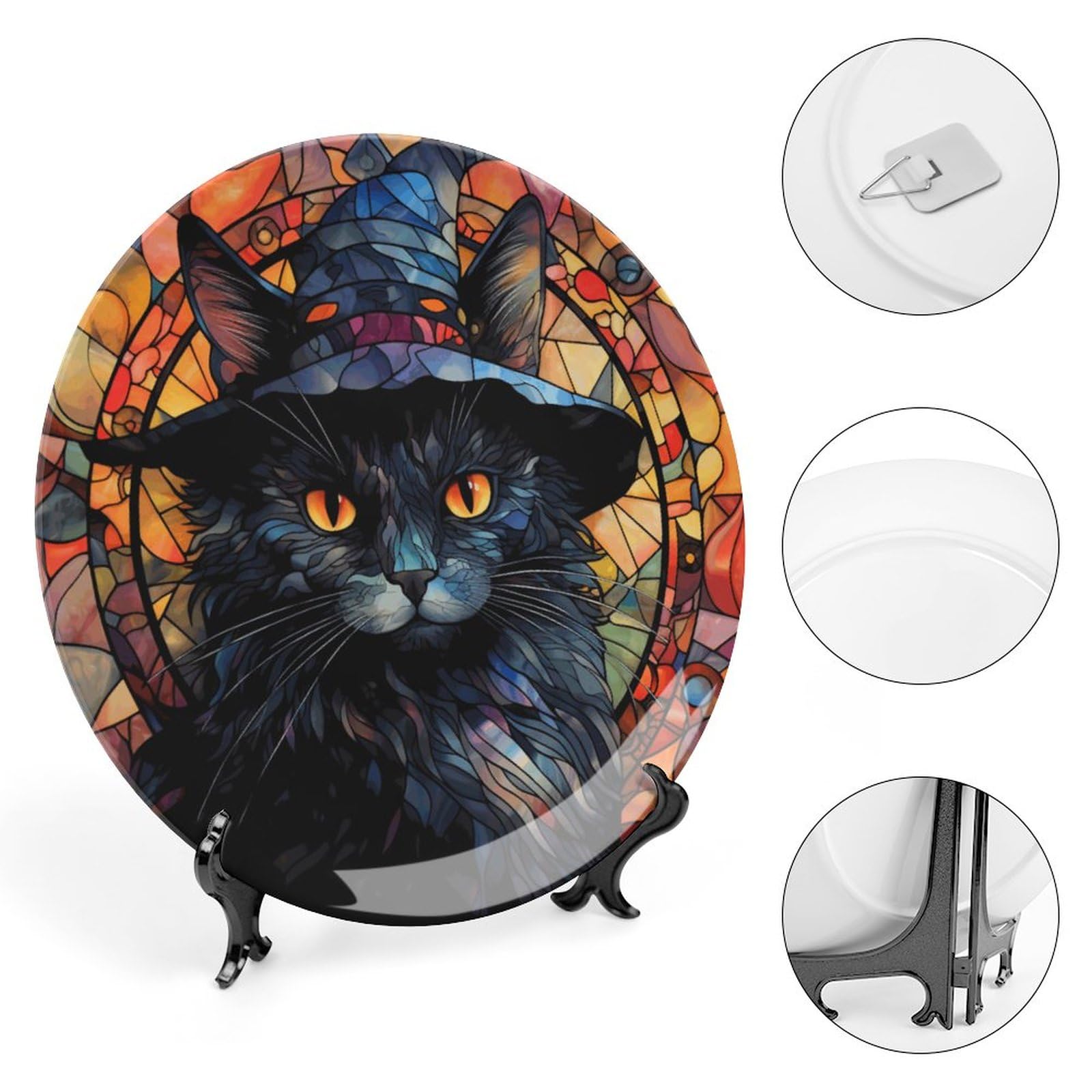 Halloween Decorative Wall Hanging Plates - Black Cat Witch Hat Ceramic Plate with Stained Glass Print & Display Stand, 10 Inch Farmhouse Round Tray for Kitchen Cabinets - Perfect for Spooky Home Decor, Halloween Party Table Settings & Gothic Interior Design