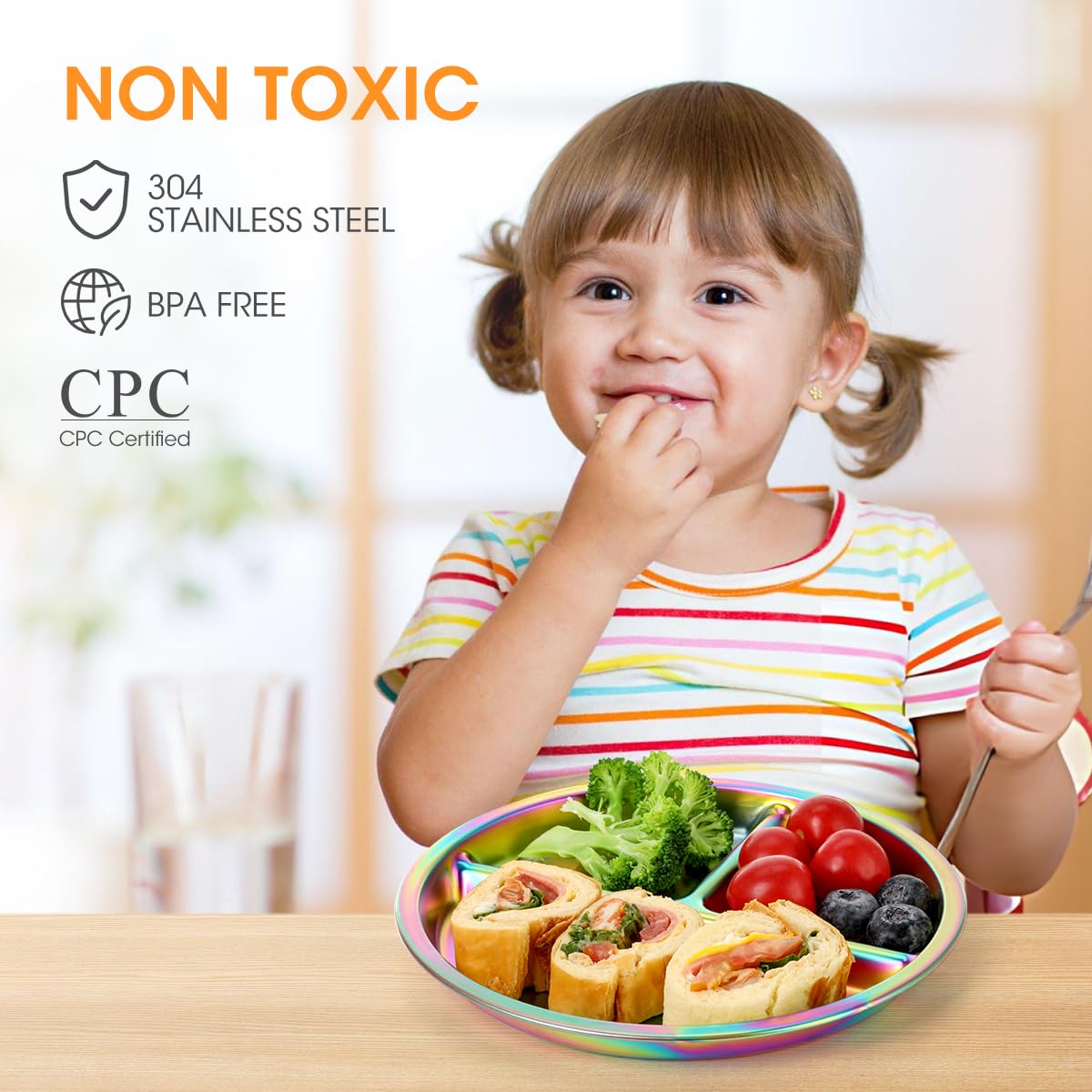 AIEVE 4-Pack Stainless Steel Divided Kids Plates - 9 Inch Round Portion Control Toddler Plates for Healthy Eating - Perfect for Home, School, and Travel Use