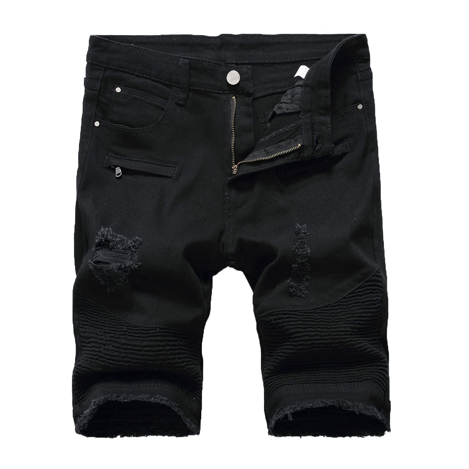 Men's Distressed Biker Jean Shorts - Ripped Denim Short Pants with Zipper | Slim Fit Stretchy Washed Black Jeans for Summer | Perfect for Casual Wear, Motorcycle Rides & Street Fashion