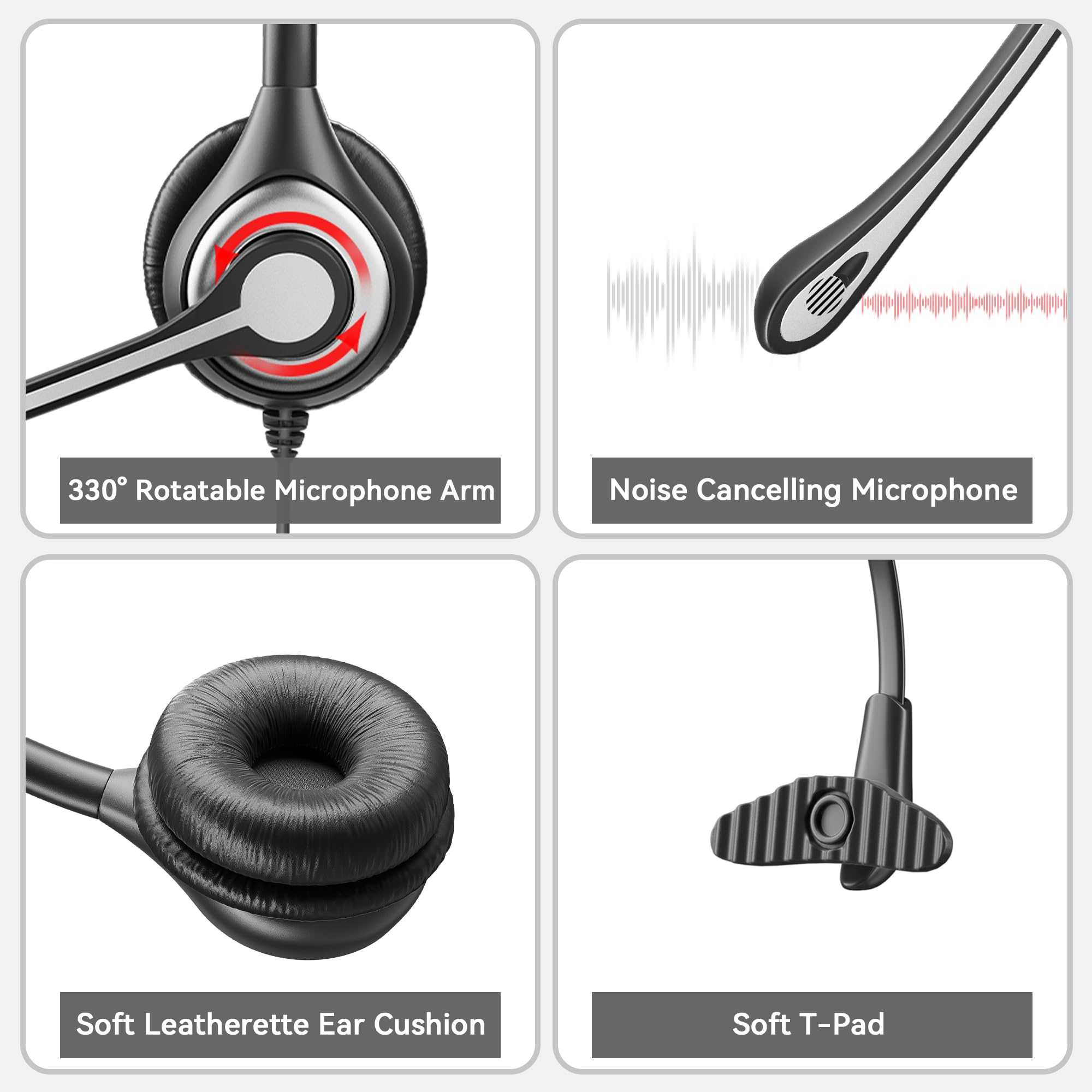 Wantek 600QS2 Mono Corded Telephone Headset with Noise Canceling Mic & Quick Disconnect - Compatible with ShoreTel, Polycom, Zultys, NEC Dterm, Nortel Norstar, Meridian, Siemens ROLM, Packet8 Landline Deskphones - Ideal for Call Centers, Office Communications & Customer Service