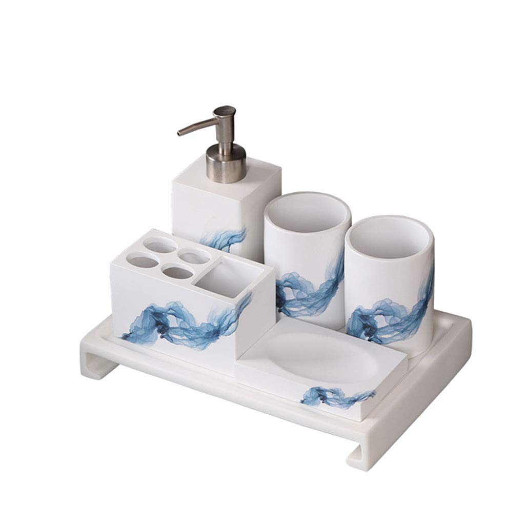 Premium 5-Piece Resin Soap Dispenser Set for Bathroom & Kitchen - Hand Sanitizer, Shampoo, Shower Gel Refillable Bottles | Modern Sink Organizer for Home, Spa, and Restaurant Use