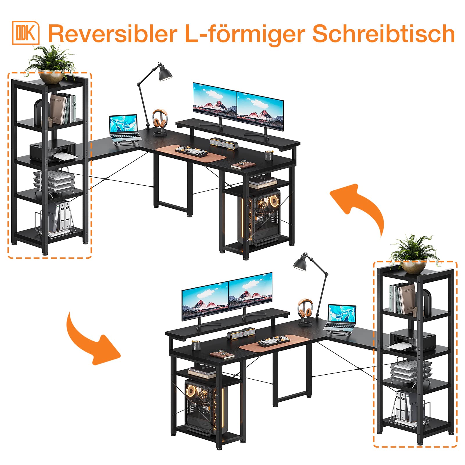 ODK L-Shaped Desk with Shelf, Black 140×137 cm - Long Monitor Support, Home Office & Gaming Desk for Workspace & Study Room