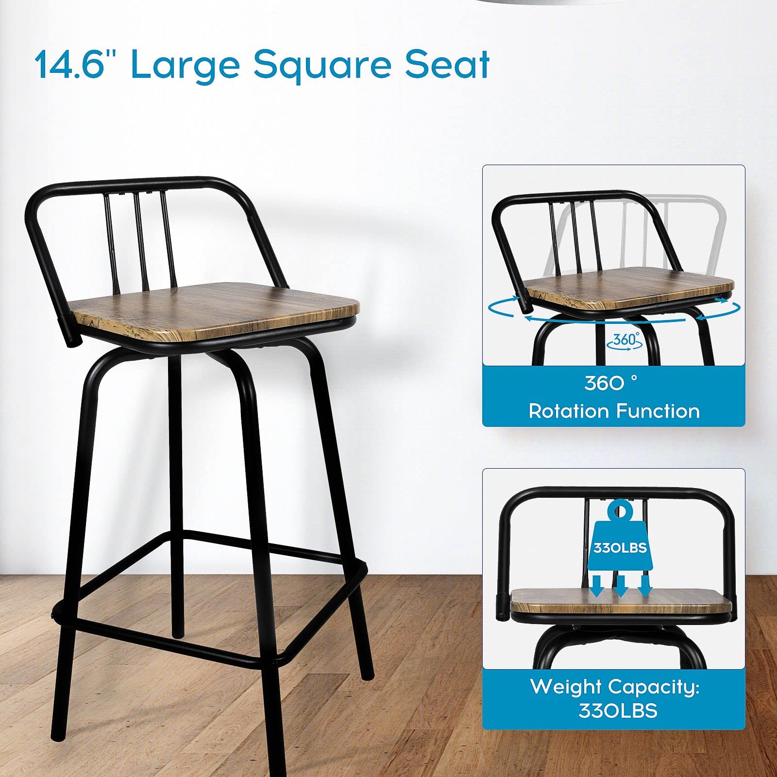 2 Pack Industrial Swivel Counter Stools with Wood Seat & Backrest - Rustic Brown Farmhouse Bar Stools for Kitchen, Dining Room & Counter Bar - Perfect for Breakfast Nooks, Kitchen Islands & Home Bars