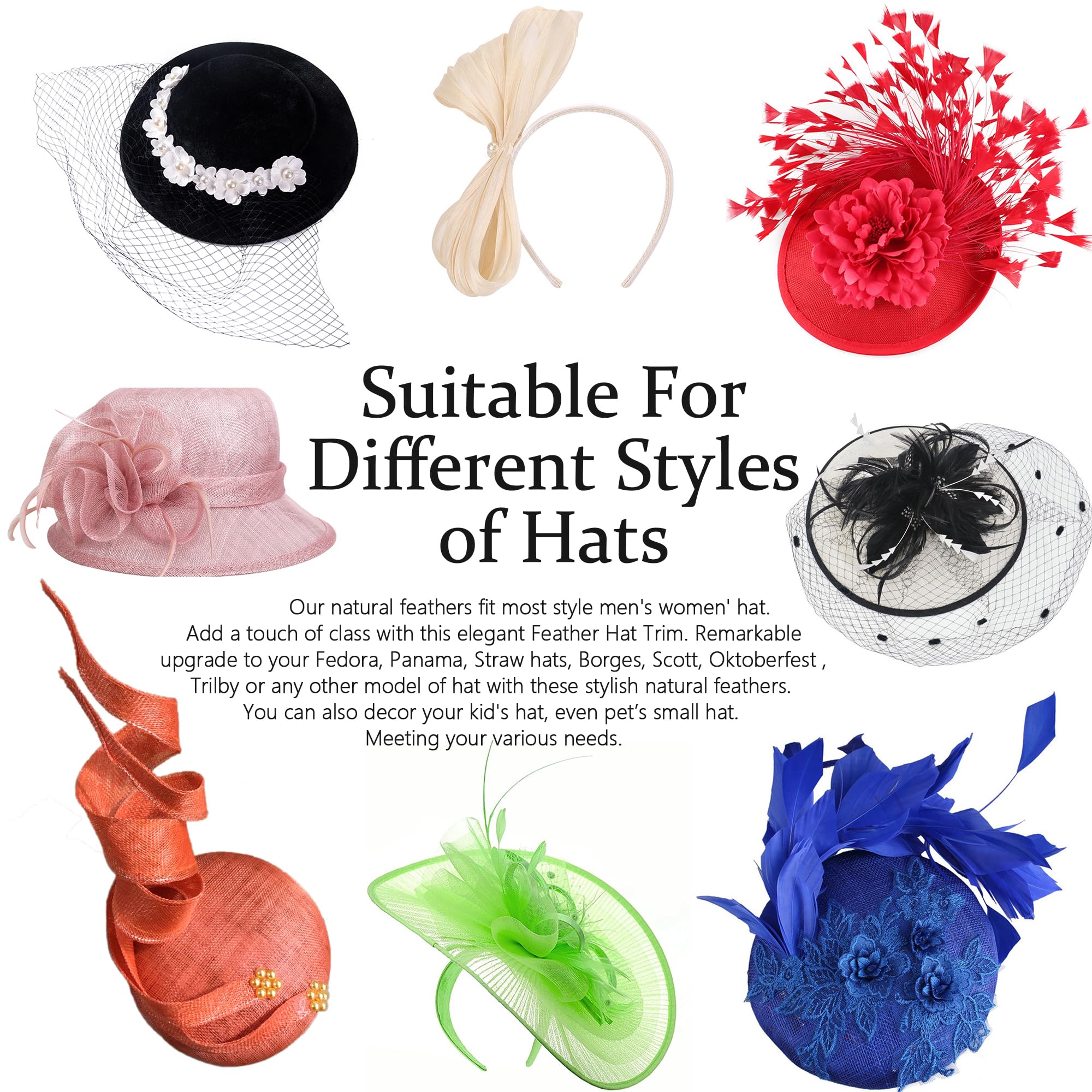 10 Styles Natural Feathers for Hats - DIY Fedora, Cowboy & Party Hat Accessories - Perfect for Western Costumes, Oktoberfest & Christmas Celebrations