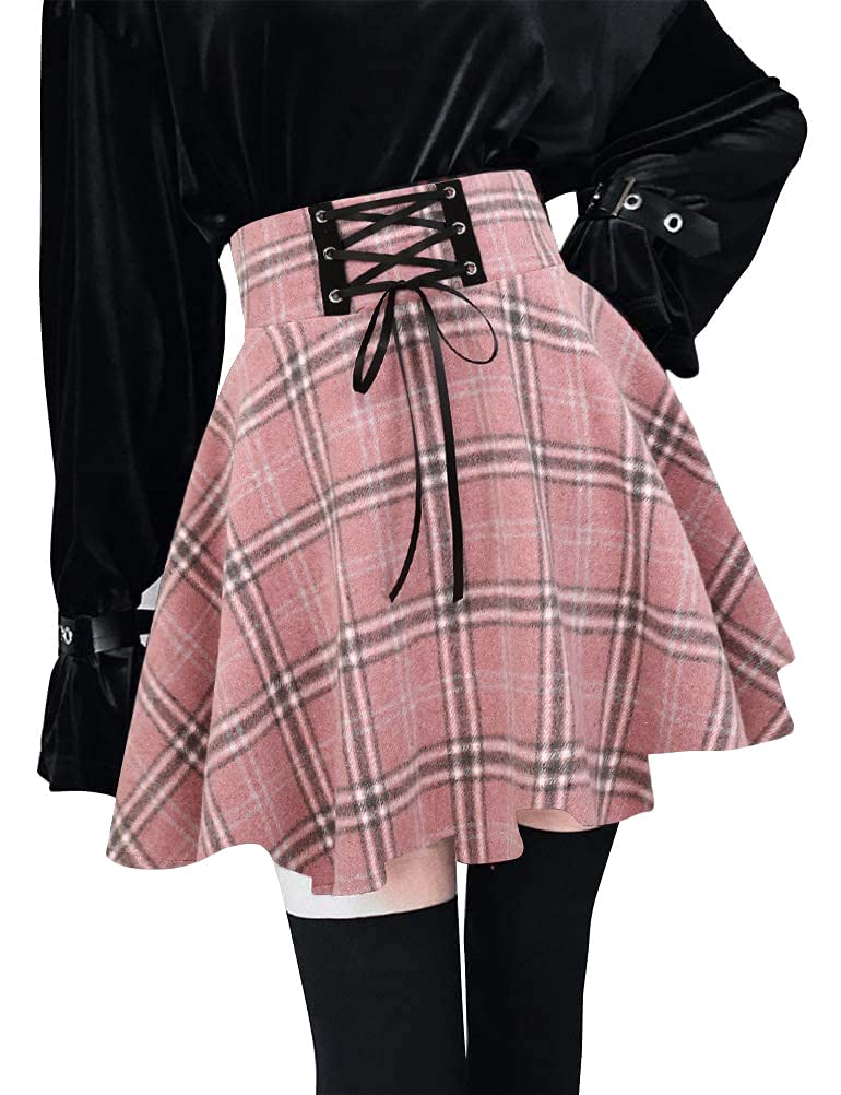Women's Warm Wool Plaid Mini Skirt - High Waisted Lace Up Pleated Skater Skirt for Winter Fashion | Perfect for Holiday Parties, Office Wear & Casual Outfits