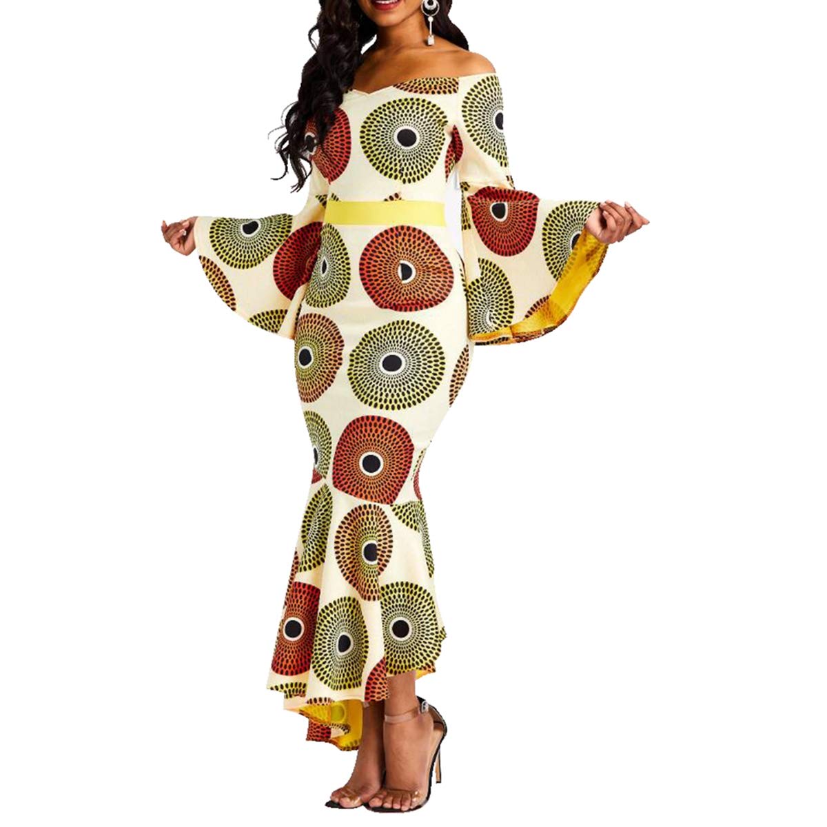 VERWIN Women's Bodycon Maxi Dress with Ruffle Long Sleeves & Wrap Design - Flattering Printed Party Dress for Evening Events, Date Nights & Special Occasions