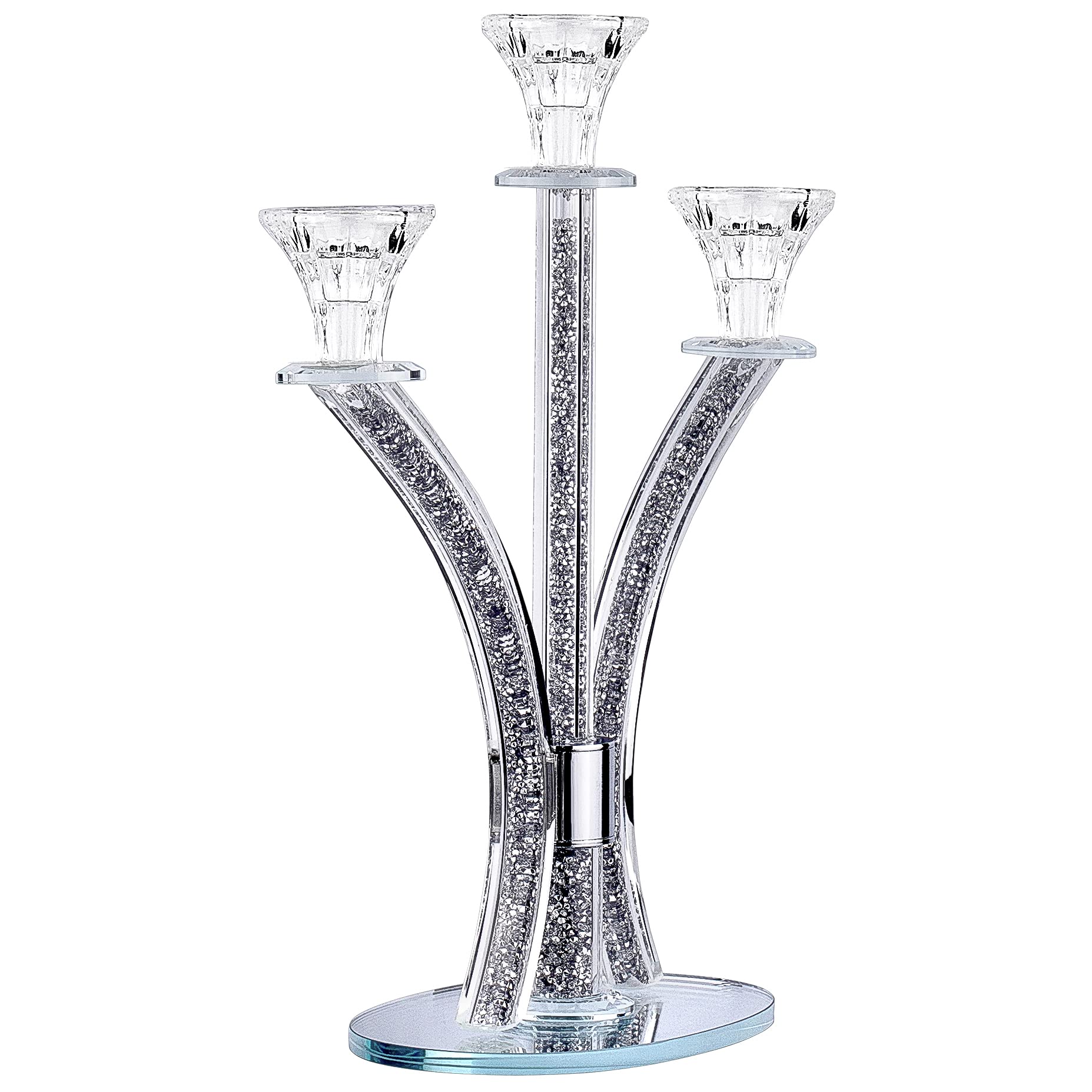 3-Arm Silver Crystal Candelabra Candle Holders - Elegant Modern Centerpiece for Taper & Tea Light Candles - Perfect for Wedding Decor, Dining Table, Romantic Dinner, and Home Decoration