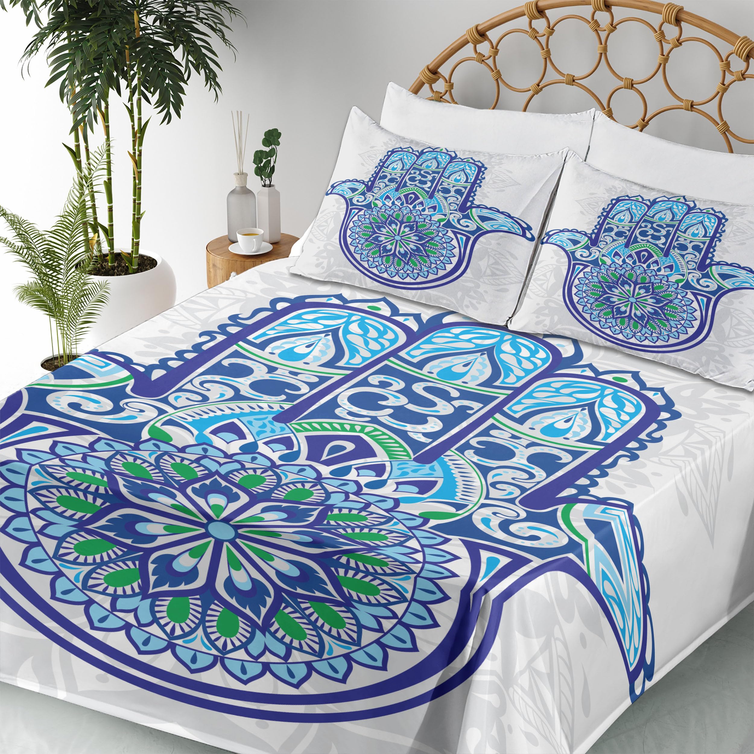 Ambesonne Hamsa King Size 4-Piece Sheet Set - Blue Turquoise White Folkloric Design with Ornamental Flower & Petal Patterns | Soft Bedding for Master Bedroom, Guest Room & Bohemian Home Decor