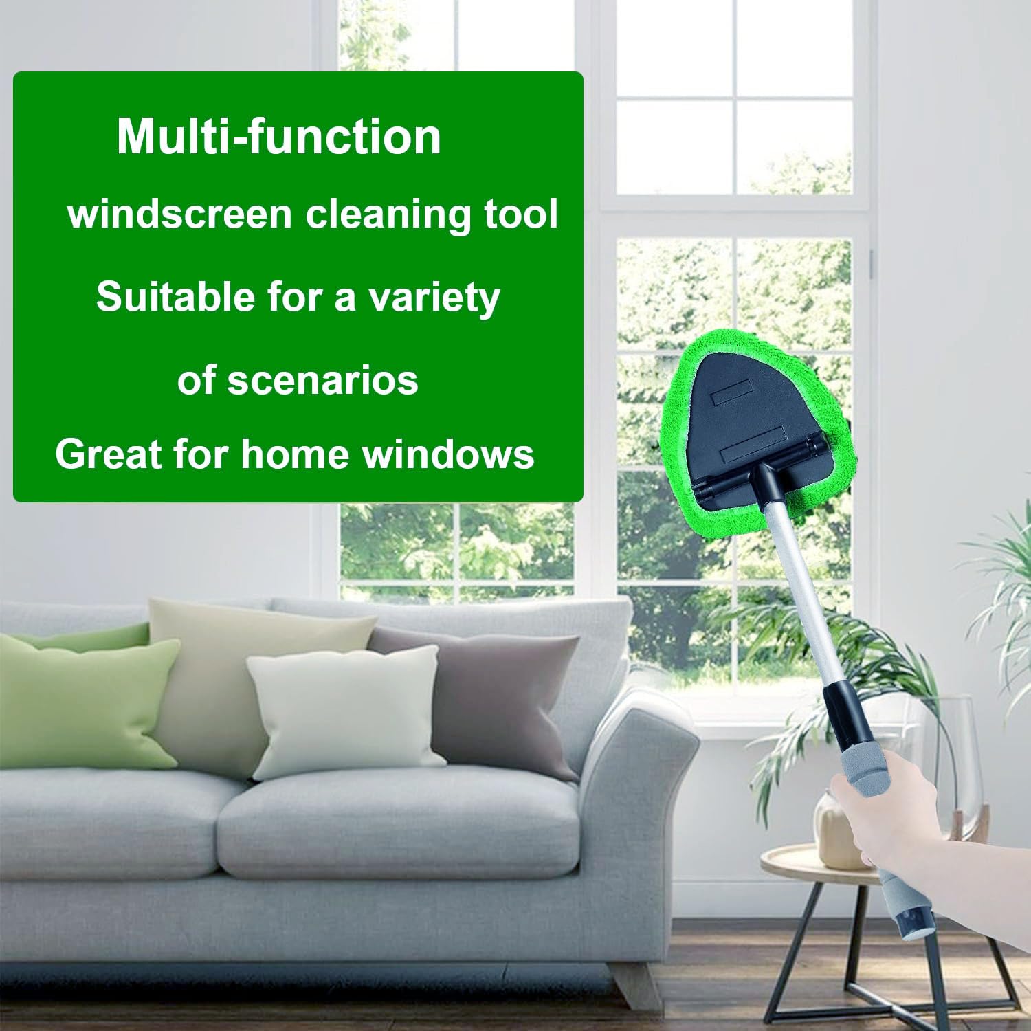 Premium Windshield Cleaning Tool - Car Window Cleaner with 4 Washable Microfiber Pads & Extendable Handle - Auto Glass Wiper Kit for Interior/Exterior Cleaning (Green) - Perfect for Cars, Trucks, SUVs and RVs