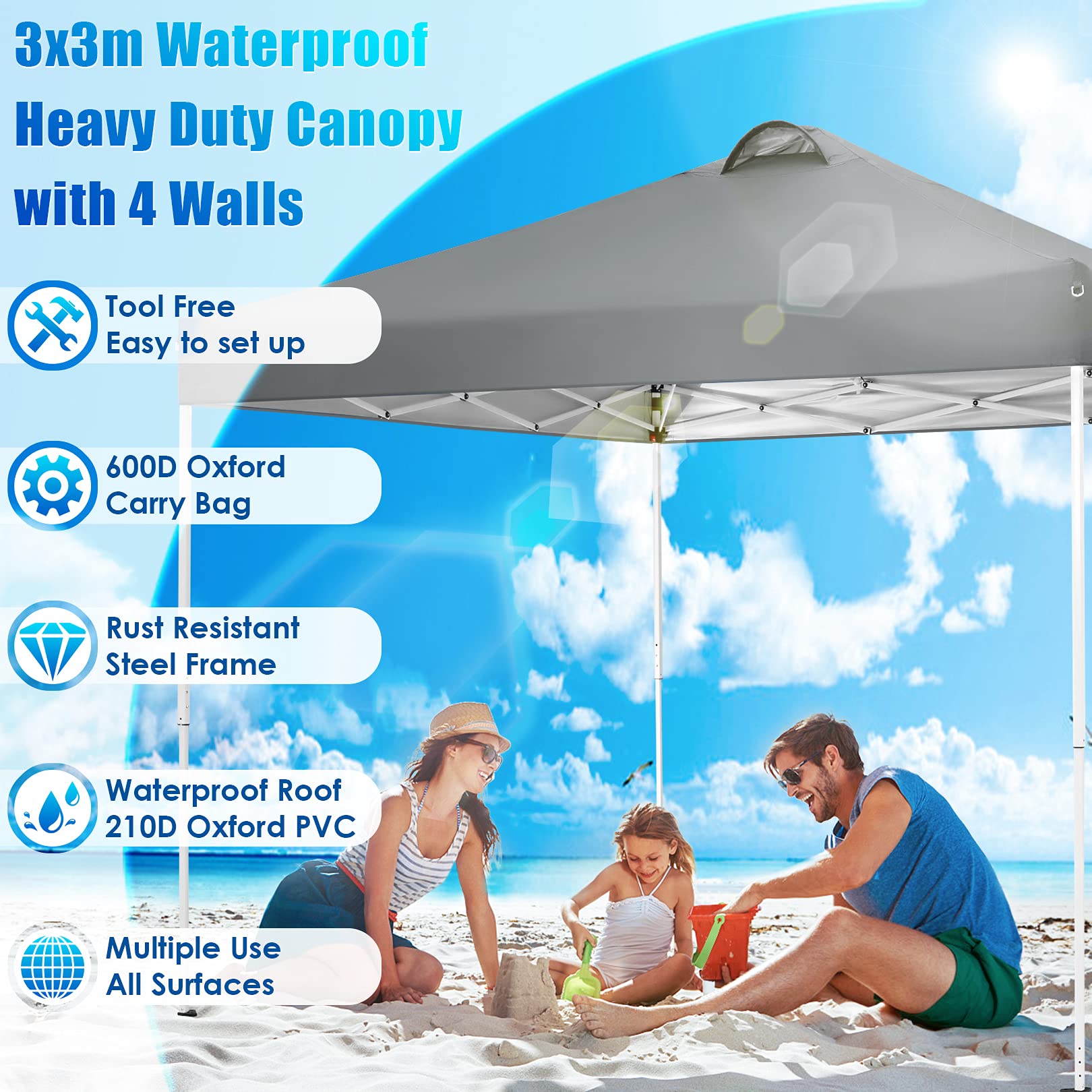 COBIZI 10x10 Pop Up Canopy Tent - Waterproof Instant Gazebo with 4 Sidewalls, Sandbags & Stakes for Outdoor Events, Parties, Backyard & Commercial Use | Perfect for Picnics, Farmers Markets & Beach Outings