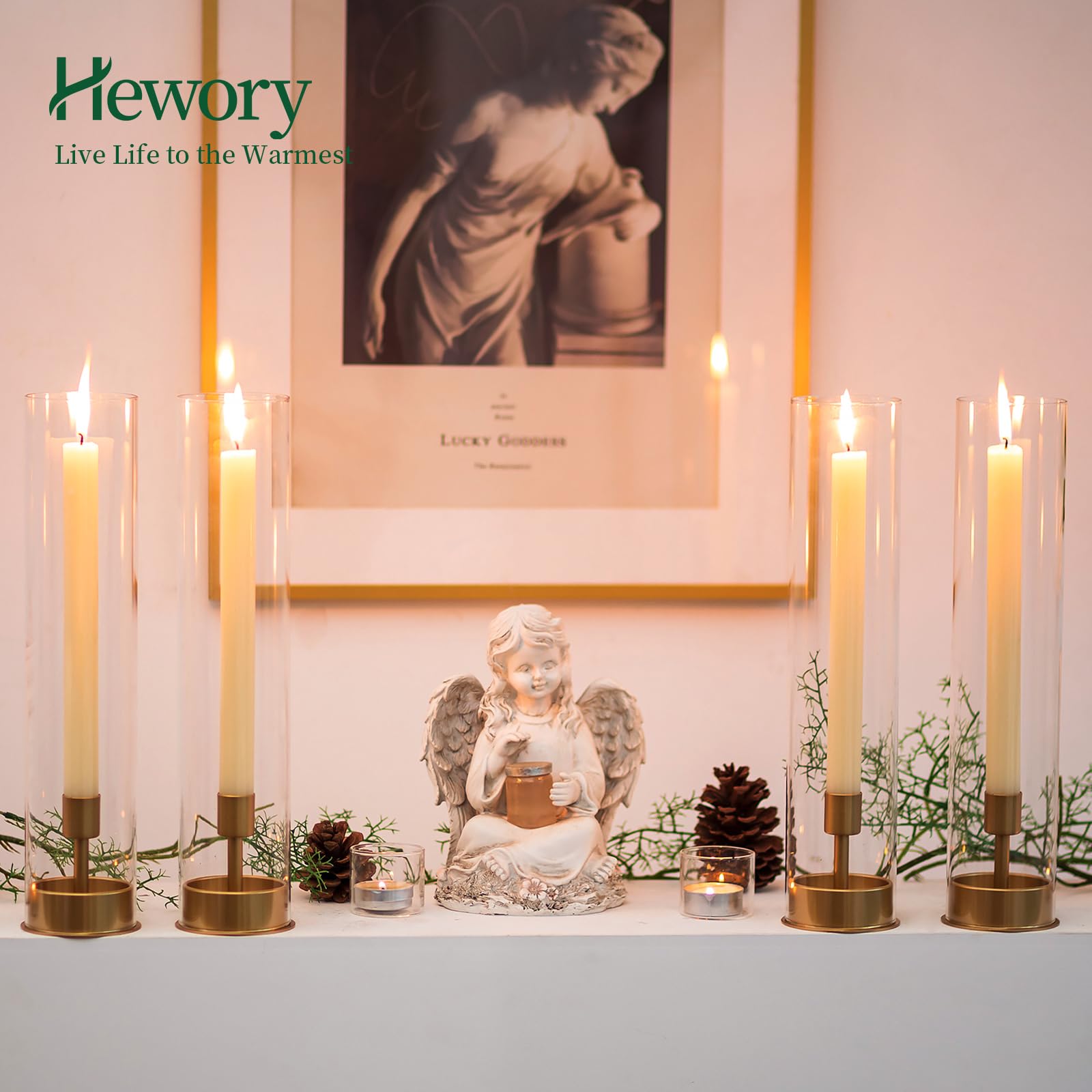 Hewory 2-Pack Gold Hurricane Taper Candle Holders - Elegant Glass Candlesticks for Wedding Centerpieces, Party Decor, Christmas Home Decor | Perfect for Dining Table, Mantel, and Event Decorations