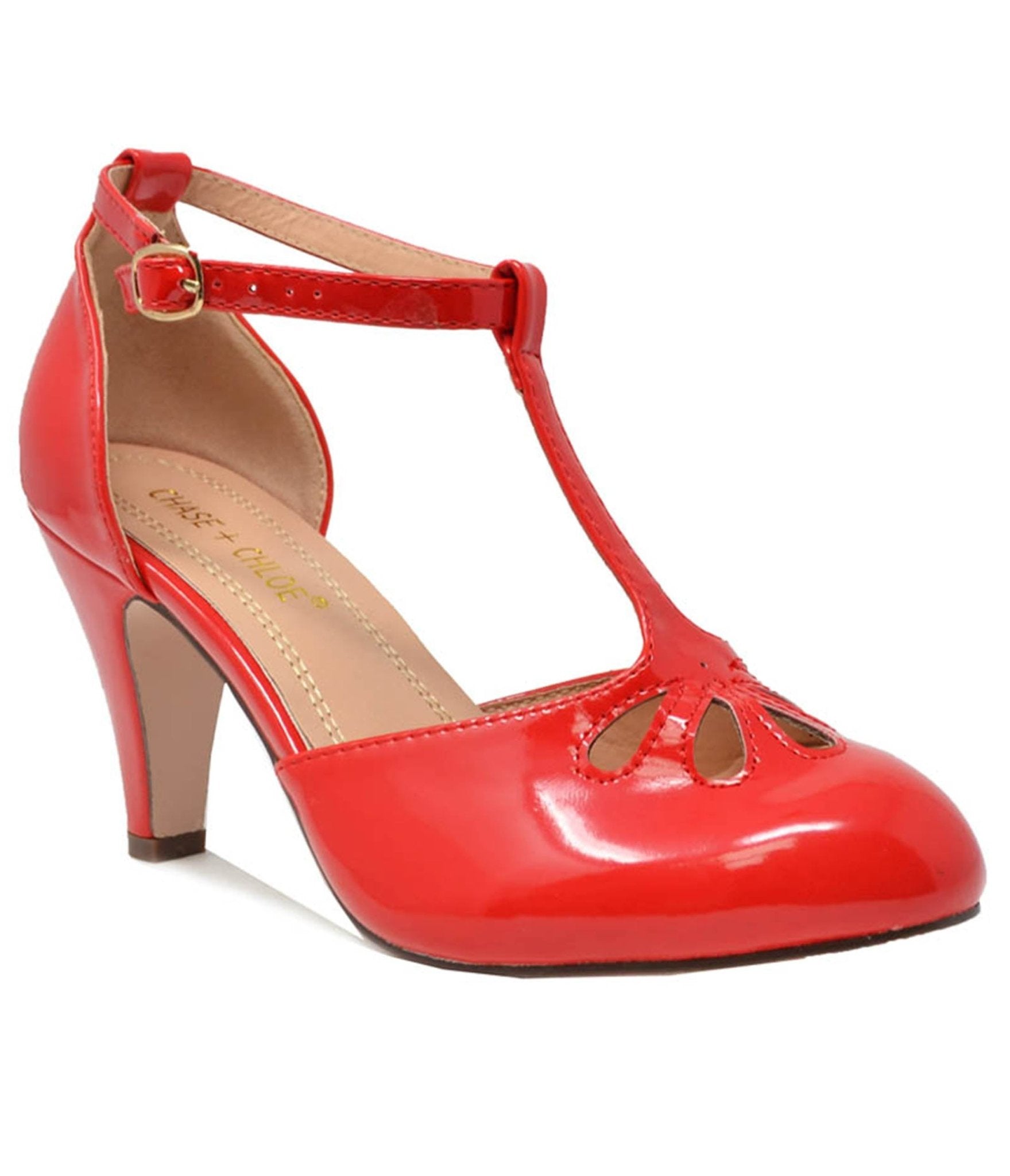 Stylish Red Patent Leatherette T-Strap Mary Jane Pumps - Women's Vintage-Inspired Dress Shoes for Weddings, Parties & Office Wear