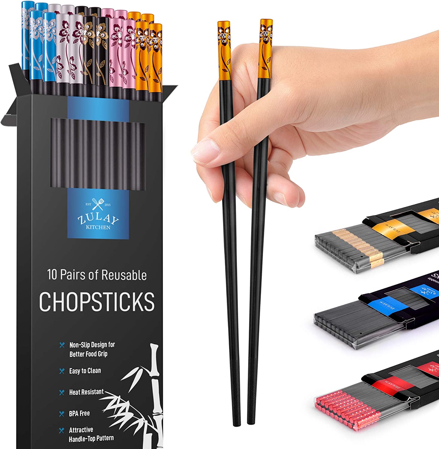 10 Pairs Fiberglass Japanese Chopsticks - Reusable & Durable Kitchen Utensils for Sushi, Ramen, Asian Dining & Home Cooking