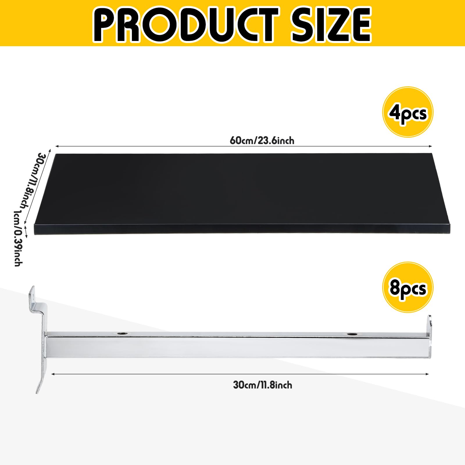 Wenqik 4-Piece Black Slatwall Shelf Set with Heavy Duty Metal Brackets - Wall Mounted Storage Organizer for Garage, Shop, Bedroom & Kitchen Decor | Space-Saving Solution for Tools, Spices & Home Organization