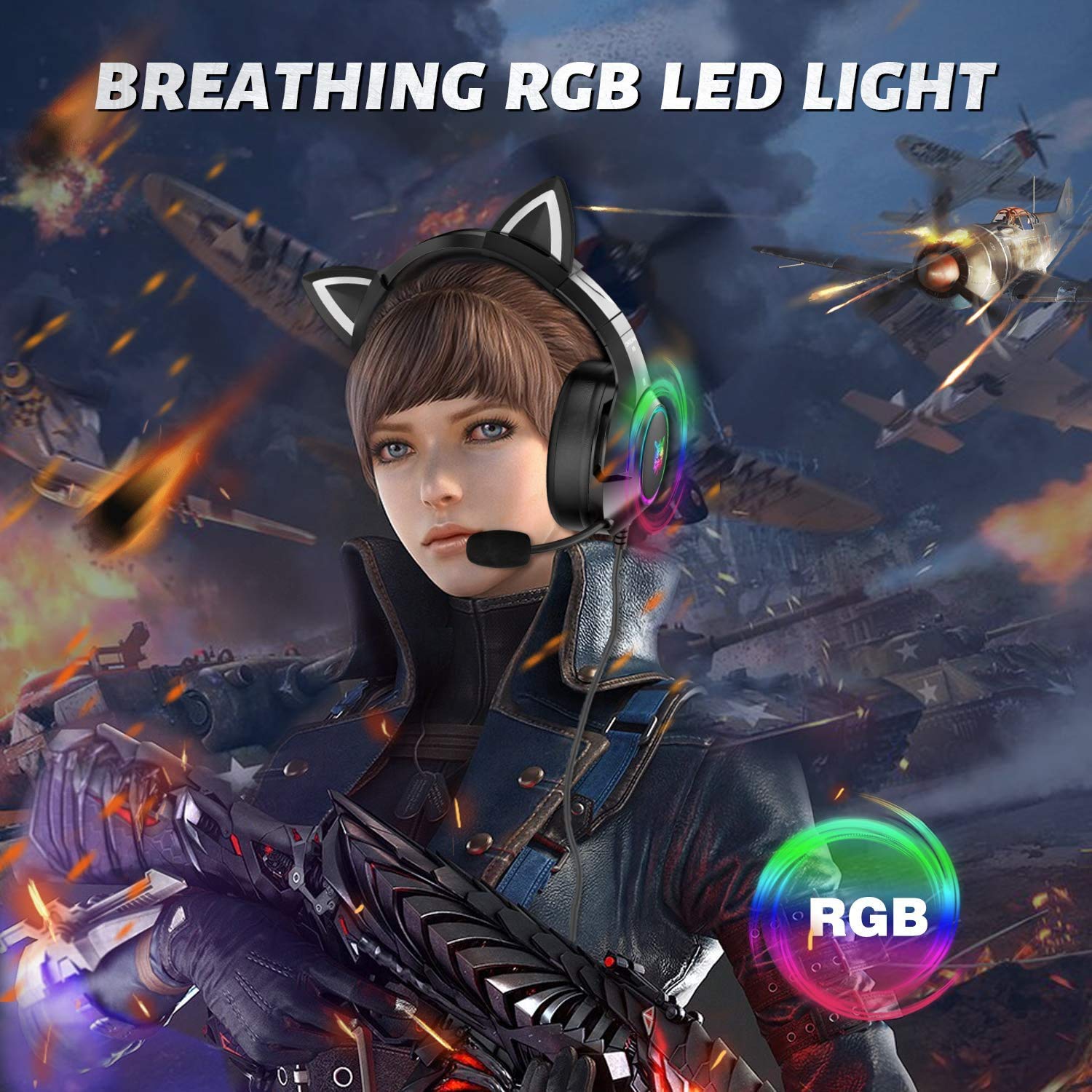 Cat Ear Gaming Headset with Microphone - Wired LED Light Headphones for PS4/PS5/Xbox One/PC/Mobile - Surround Sound Gaming Headphones for Women & Girls (Black) - Perfect for Streamers & Online Gamers