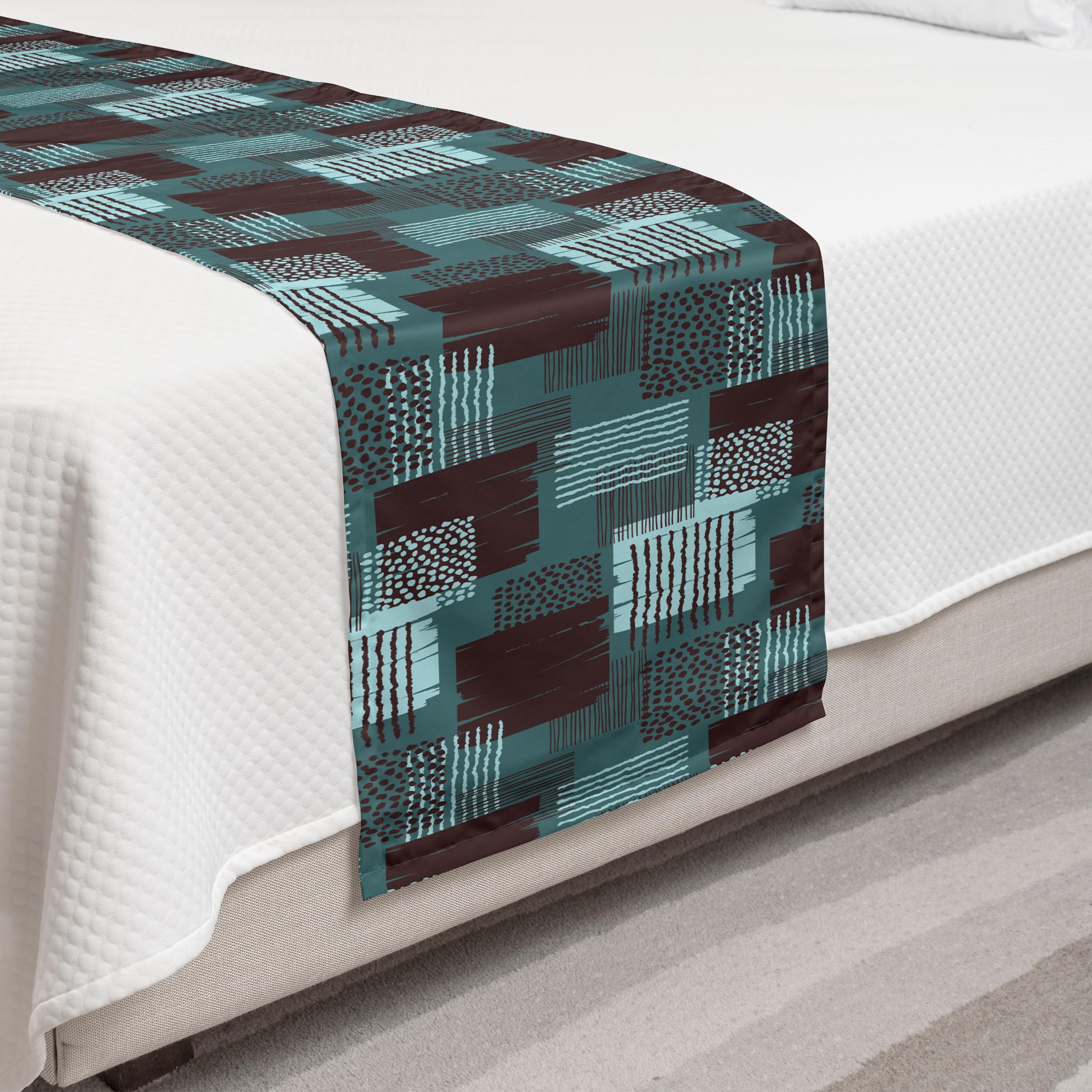 Ambesonne Abstract Bed Runner - Bicolor Dots & Stripes with Grunge Squares Design, Decorative Bed Scarf for Home, Hotel & Guest Room Decor - Cadet Blue & Dark Mauve | Perfect for Bedroom Styling, Sofa Cover & Luxury Bedding Accent