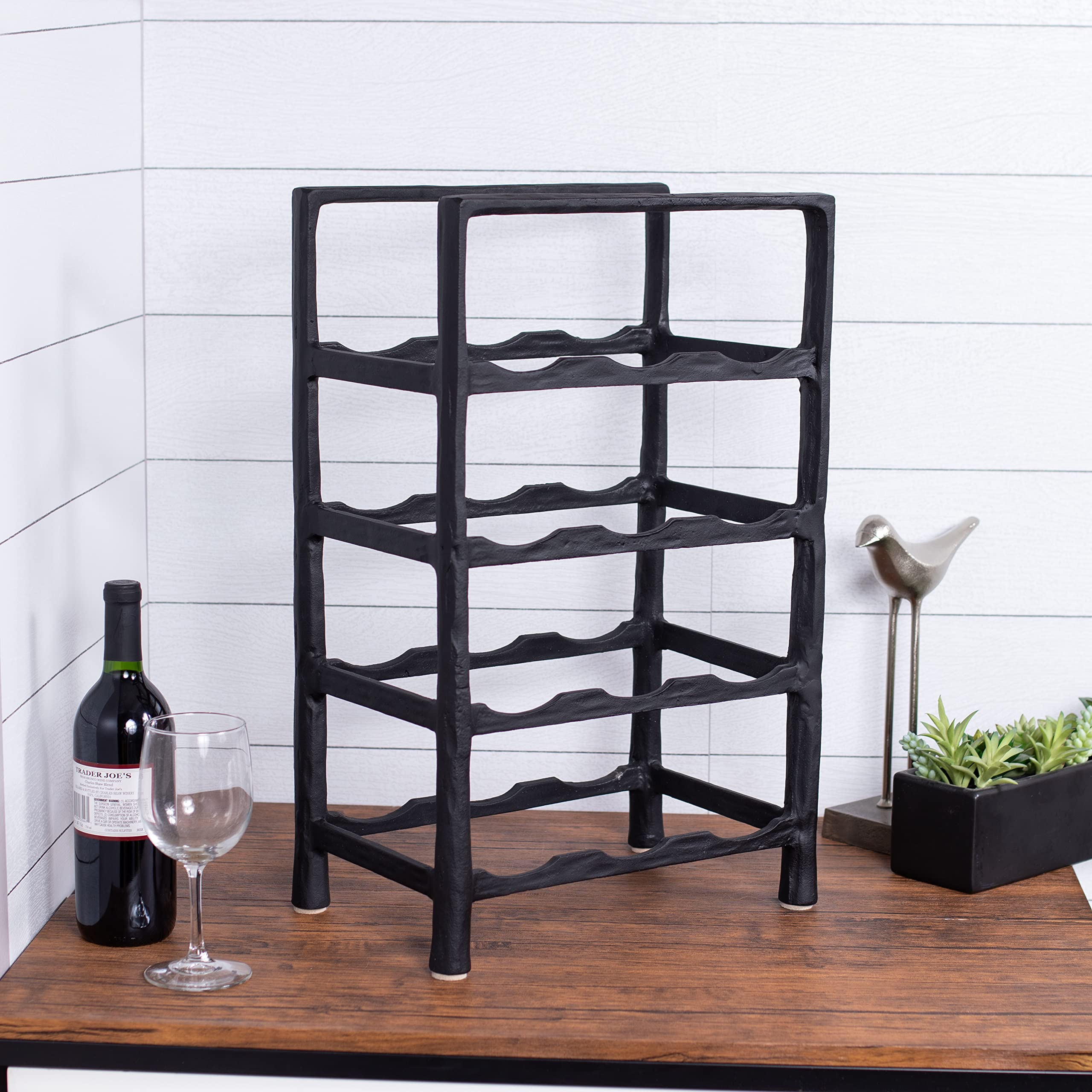 BIRDROCK HOME 12 Bottle Wine Rack - Sturdy Black Forged Metal Free Standing Wine Holder - Vertical Storage Cabinet for Kitchen Countertop, Bar, Dining Room & Home Decor
