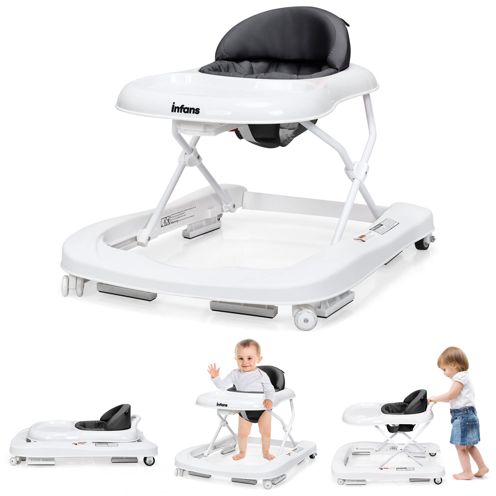 INFANS 3-in-1 Foldable Baby Walker with Adjustable Speed Wheels & Safety Bumper | Convertible Learning Walker for Toddlers (6-18 Months) | Detachable Seat Cover & Anti-Rollover Design - Perfect for First Steps, Indoor Play & Early Learning (Grey)