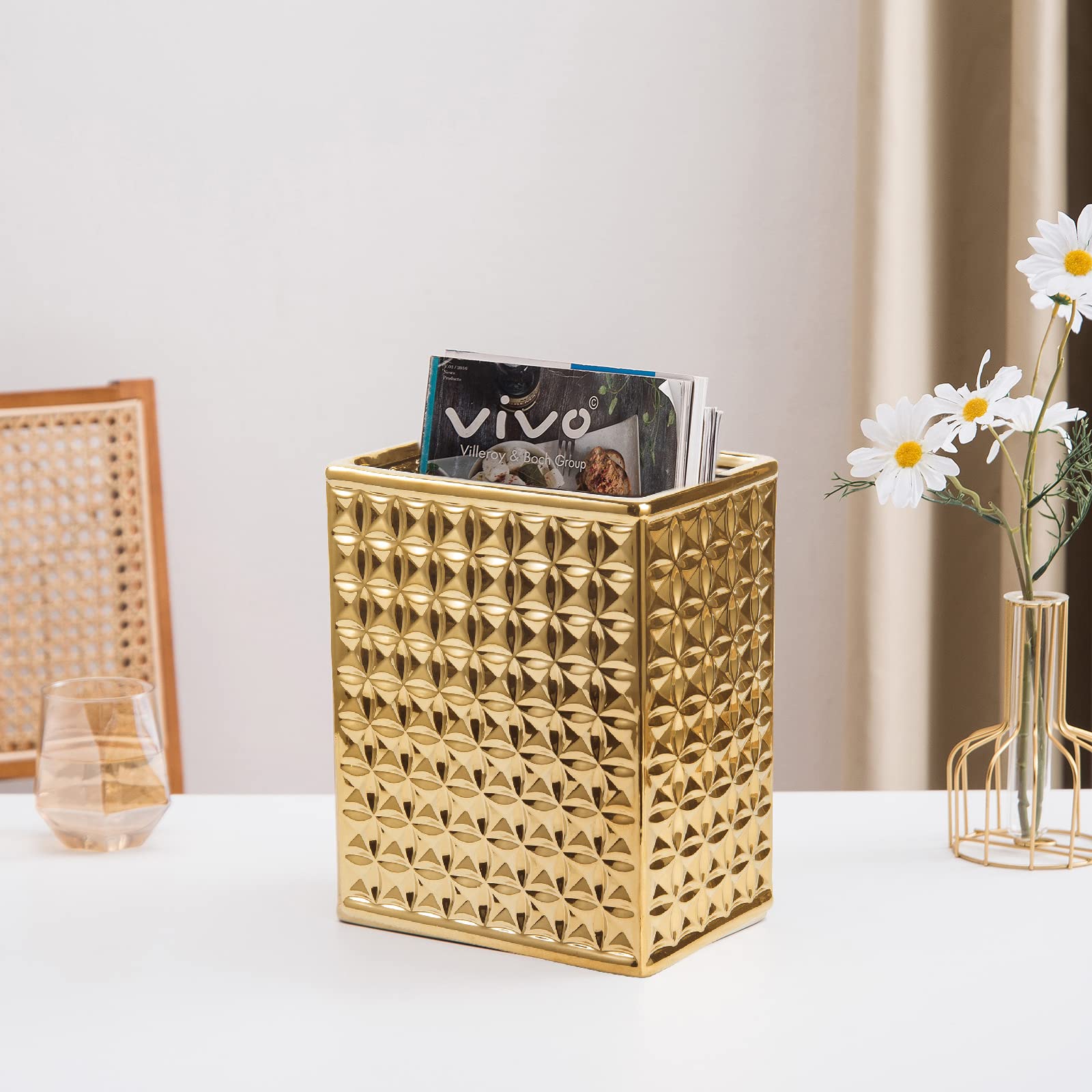 Small Rectangular Ceramic Trash Can - Gold Bathroom & Kitchen Waste Bin for Home & Office | Space-Saving Slim Design for Tight Spaces