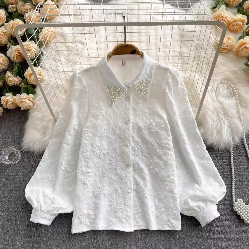 French Retro Beaded Polo Collar Shirt - Loose Puff Sleeve Blouse for Women - Vintage Inspired Casual & Party Tops - Perfect for Date Night, Office Wear and Summer Outfits