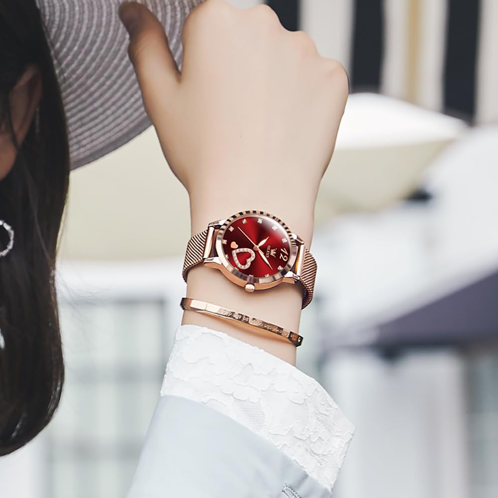 OLEVS Women's Rose Gold Minimalist Watch & Bracelet Set - Slim Analog Quartz Wristwatch for Ladies, Waterproof Two-Tone Dress Watch for Everyday Wear, Office & Special Occasions