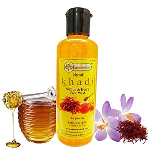 Khadi Rishikesh Saffron Honey Face Wash for Glowing Skin - Deep Pore Cleansing & Acne Treatment | Unisex Ayurvedic Facial Cleanser (210ml) Made in India with Free Rumal | Perfect for Daily Skincare Routine & Travel