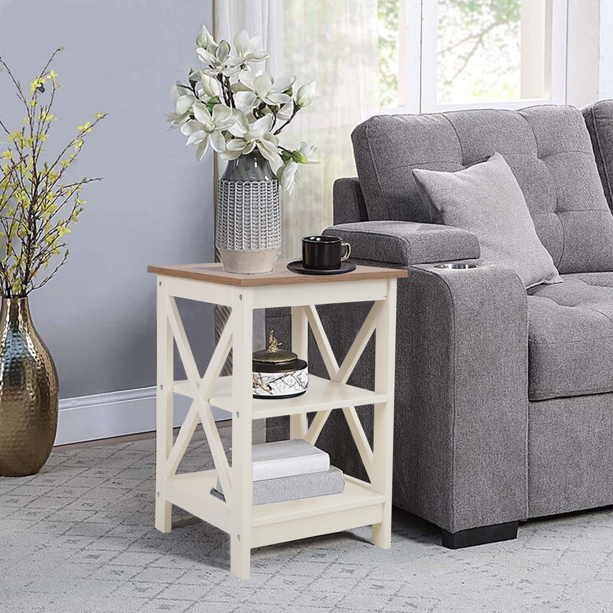PHI VILLA Set of 2 Farmhouse End Tables - Ivory White Nightstand & Bedside Table for Living Room, Bedroom | Rustic Home Decor Accent Furniture for Small Spaces & Apartment