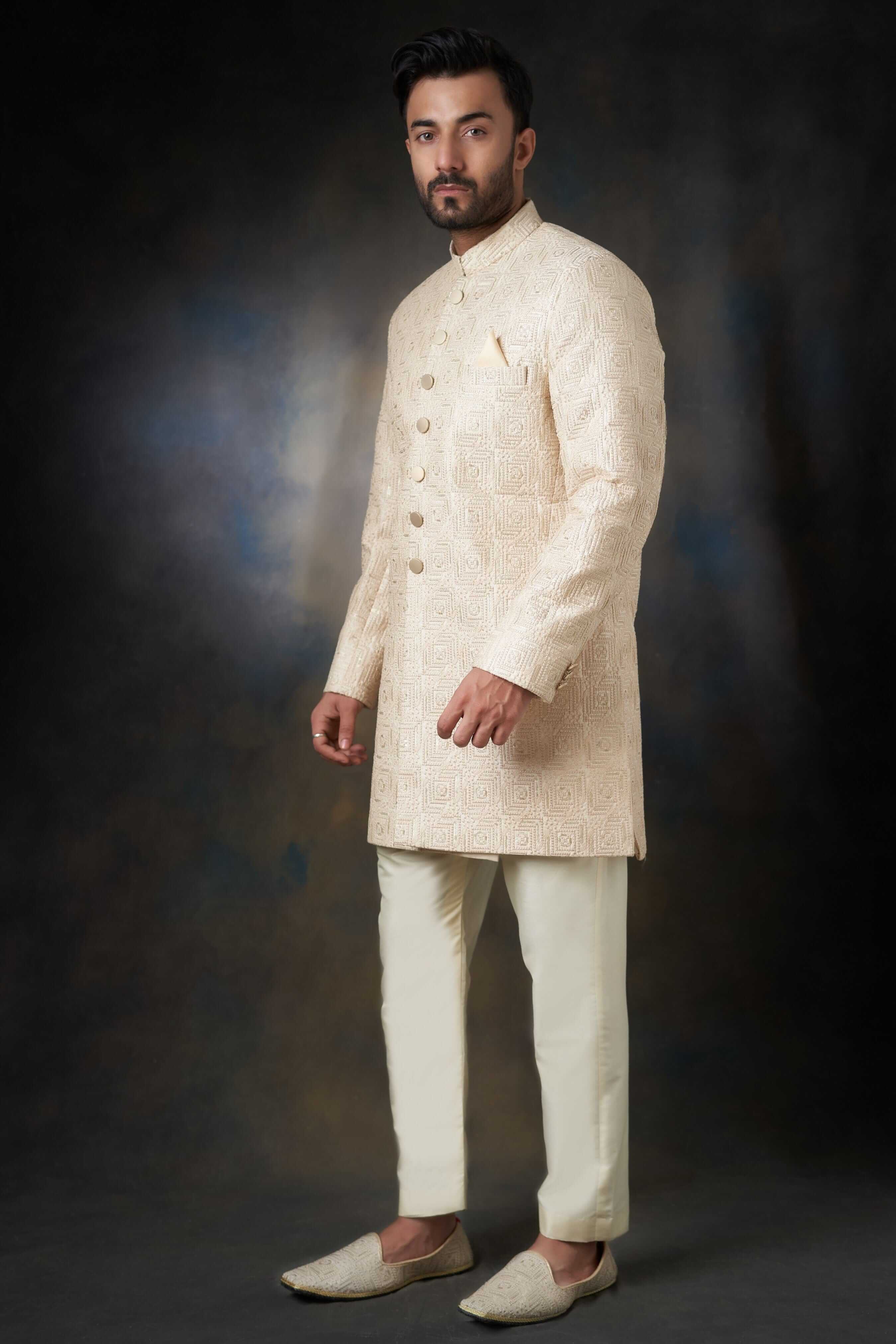 Elegant Fawn Gold Raw Silk Sherwani for Men - Custom AI Signature Buttons | Perfect for Weddings, Festivals & Special Occasions