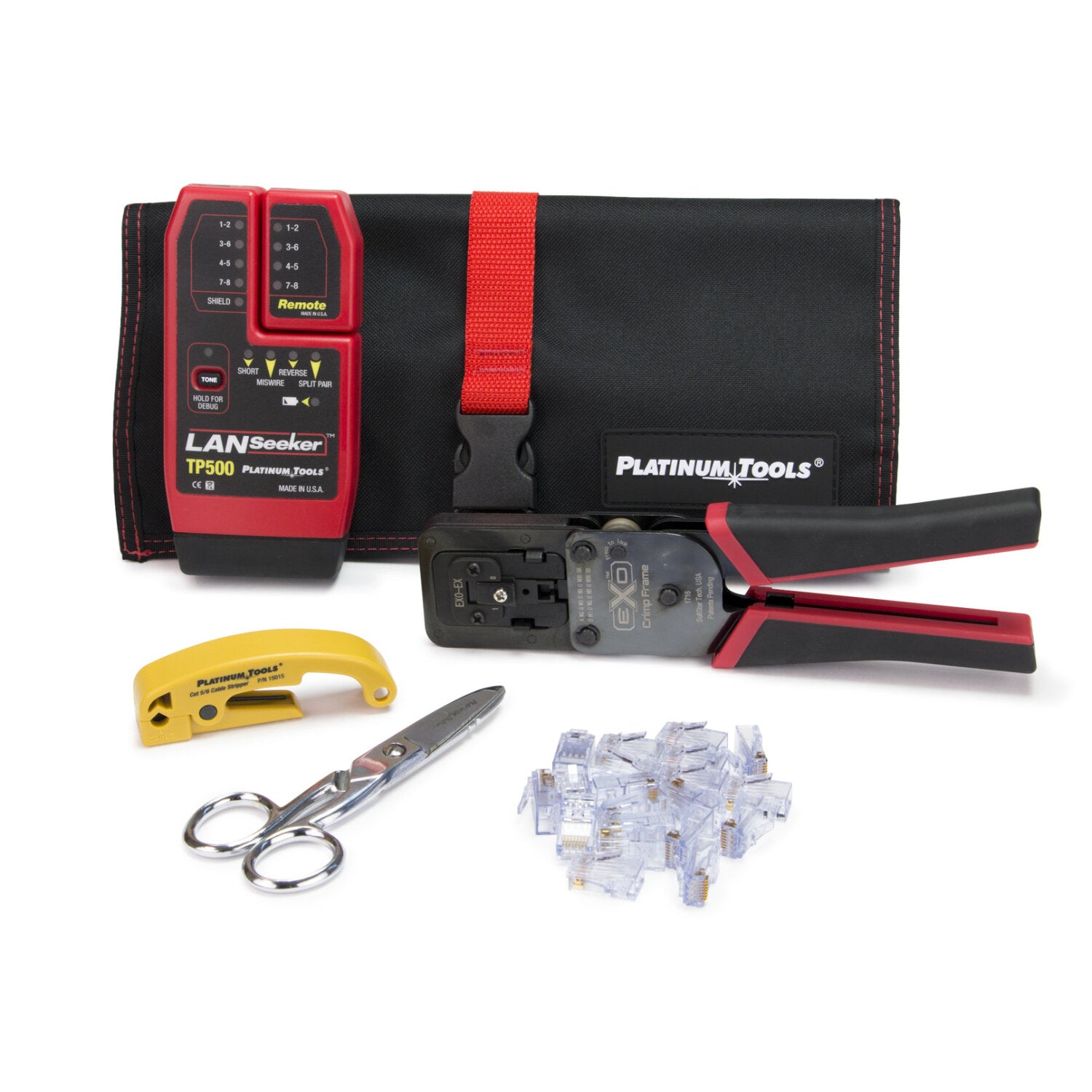 Platinum Tools 90148 ezEX RJ45 Termination and Test Kit - Pass Through RJ45 Connectors, Basic Network Installation, Includes LANSeeker Cable Tester & Tool Pouch - Perfect for IT Professionals & Home Network Setup