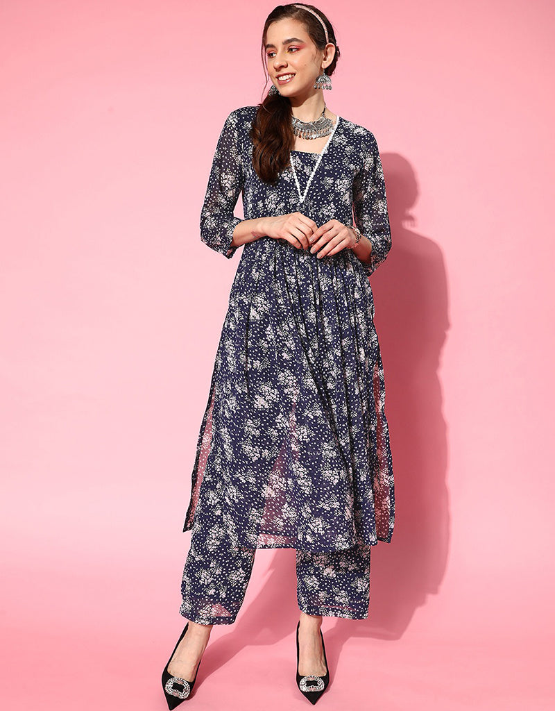 Elegant Blue Silk Georgette Straight Leg Pants for Women - Perfect for Office Wear, Evening Events & Special Occasions
