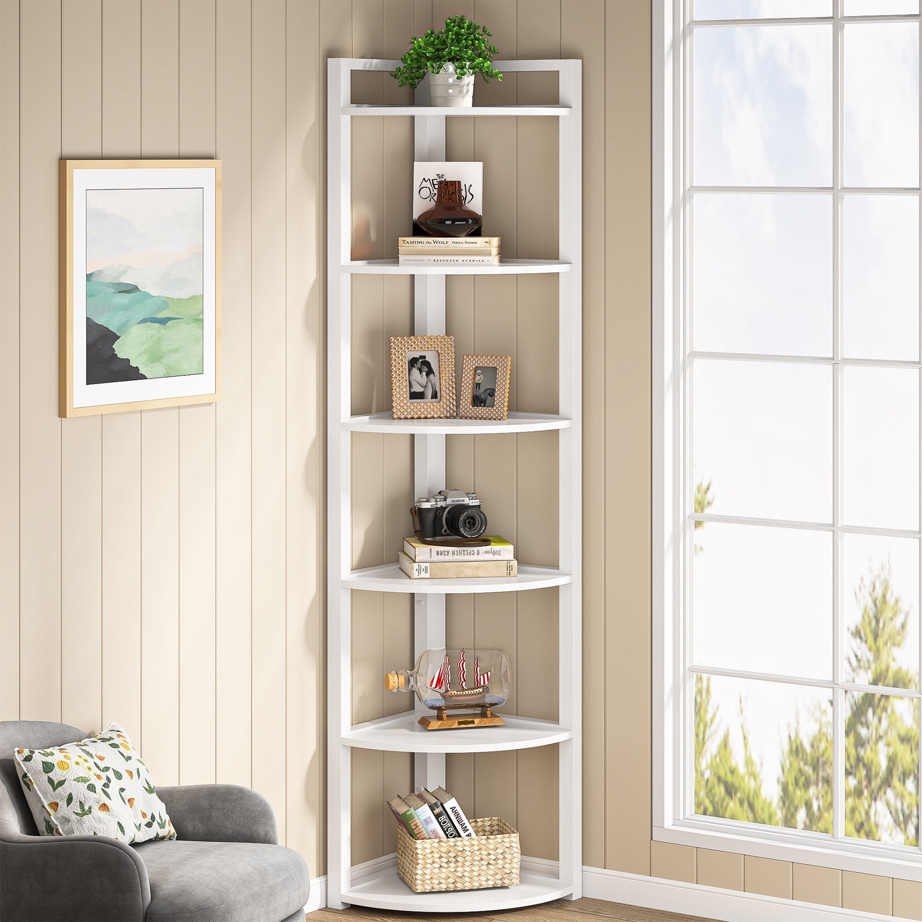 6 Tier Corner Shelf - Small Corner Bookshelf Storage Rack for Bedroom, Bathroom & Office - Space Saving Organizer for Books, Plants & Decor
