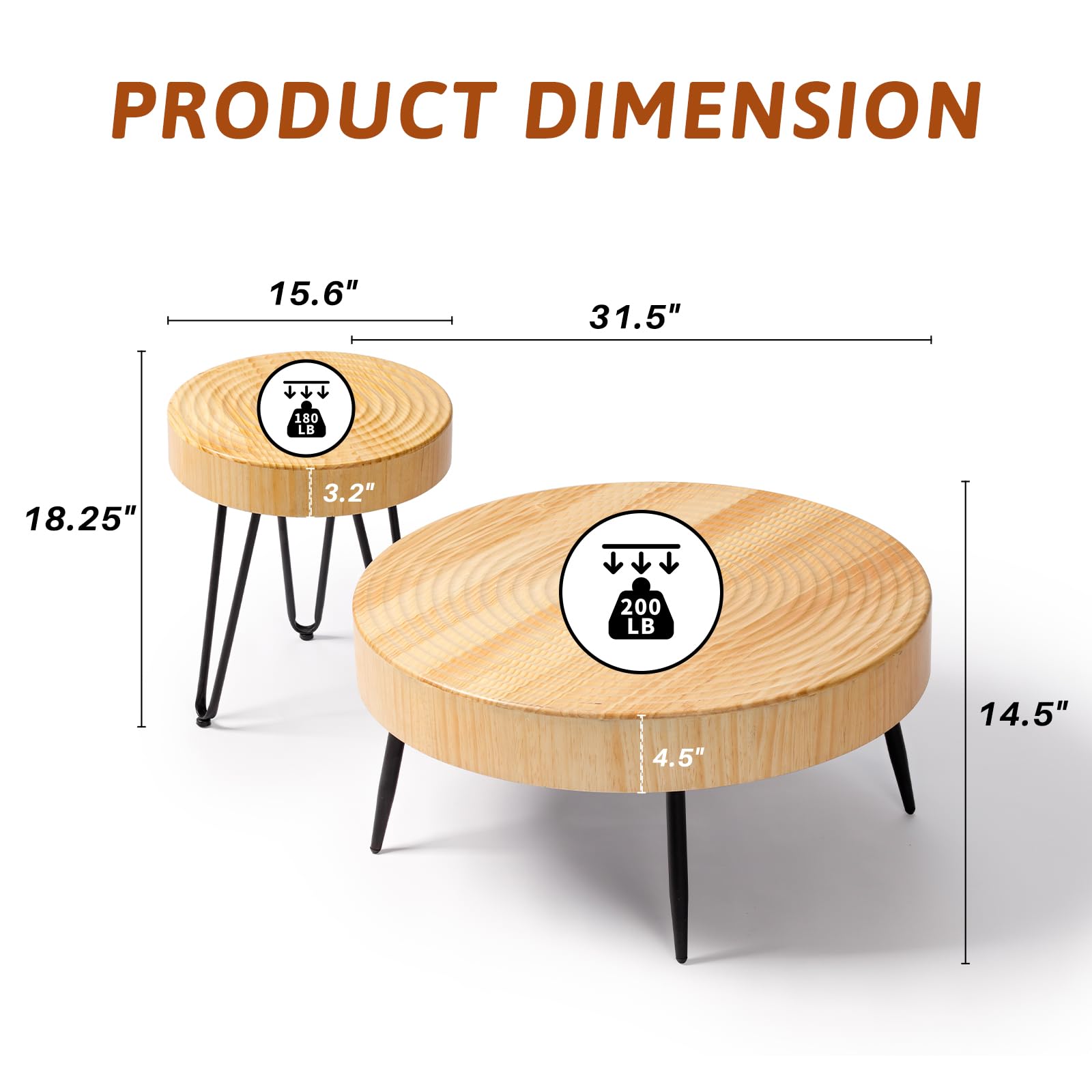 FIDROOM Round Wood Coffee Table Set of 2 - Farmhouse Nesting Tables with Fluted Finish, Boho Circle Center Table for Living Room, Tiny Home, Apartment - Perfect for Small Spaces, Coffee Time & Home Decor (Ring Pattern)