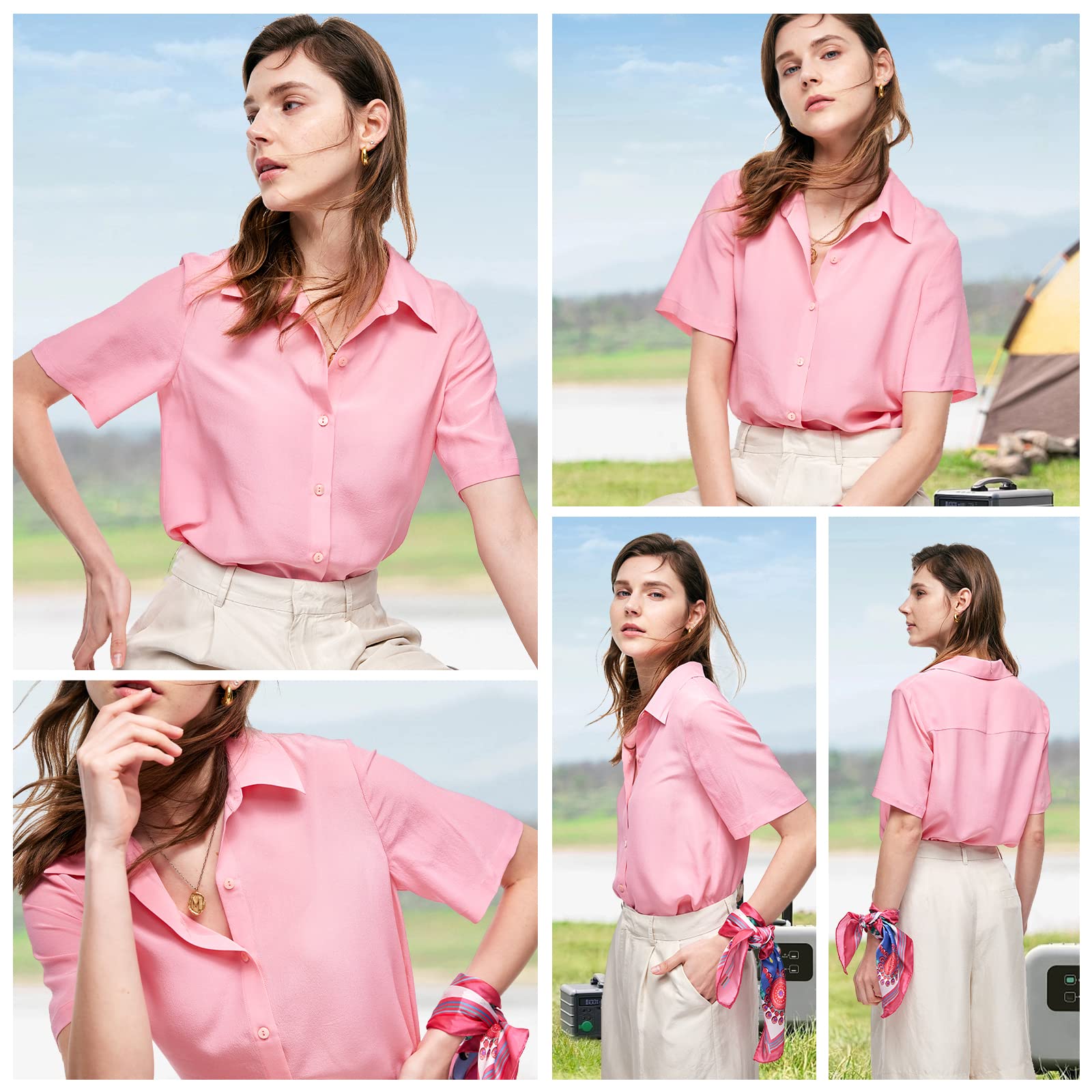 Luxury 100% Pure Silk Blouse for Women - Elegant Short Sleeve Button Down Shirt | Summer Casual Tops & Office Wear | Perfect for Business Meetings, Date Nights & Special Occasions