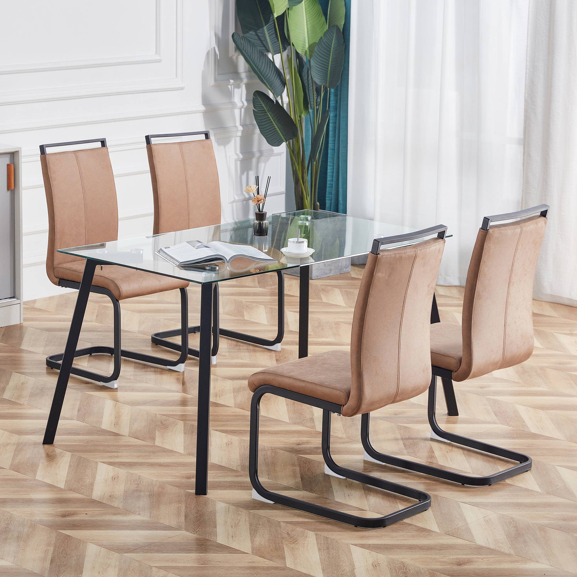 Baysitone Modern Dining Chairs Set of 4 - High Back Kitchen Chairs with Leatherette Padded Seats - Brown Dining Room Chairs for Kitchen, Living Room & Restaurant - Perfect for Family Dinners & Entertaining Guests