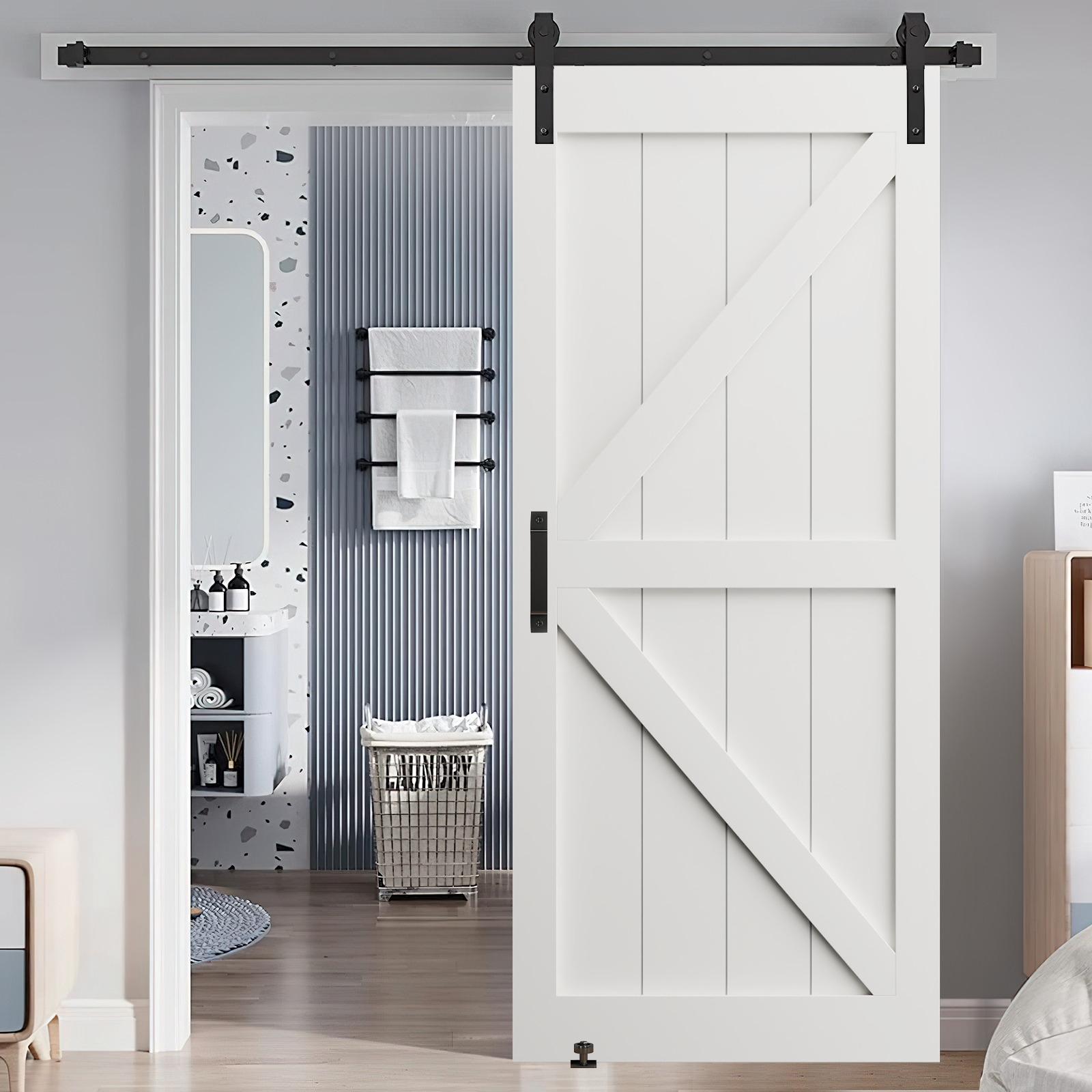 24' x 84' K-Style Primed Interior Barn Door Slab with 6.6FT Sliding Hardware Kit - Adjustable Floor Guide & Pull Handle - Unfinished DIY Panel Door for Modern Homes - Moisture Resistant - Perfect for Bedrooms, Closets, and Room Dividers