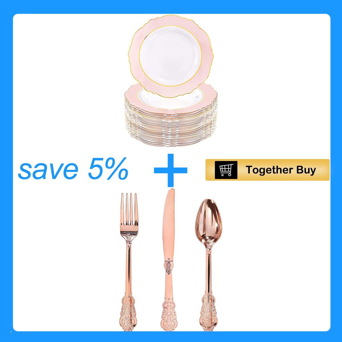 300-Piece Rose Gold Plastic Cutlery Set with 60 Pink Plastic Plates - Elegant Baroque Style for Parties, Weddings & Events