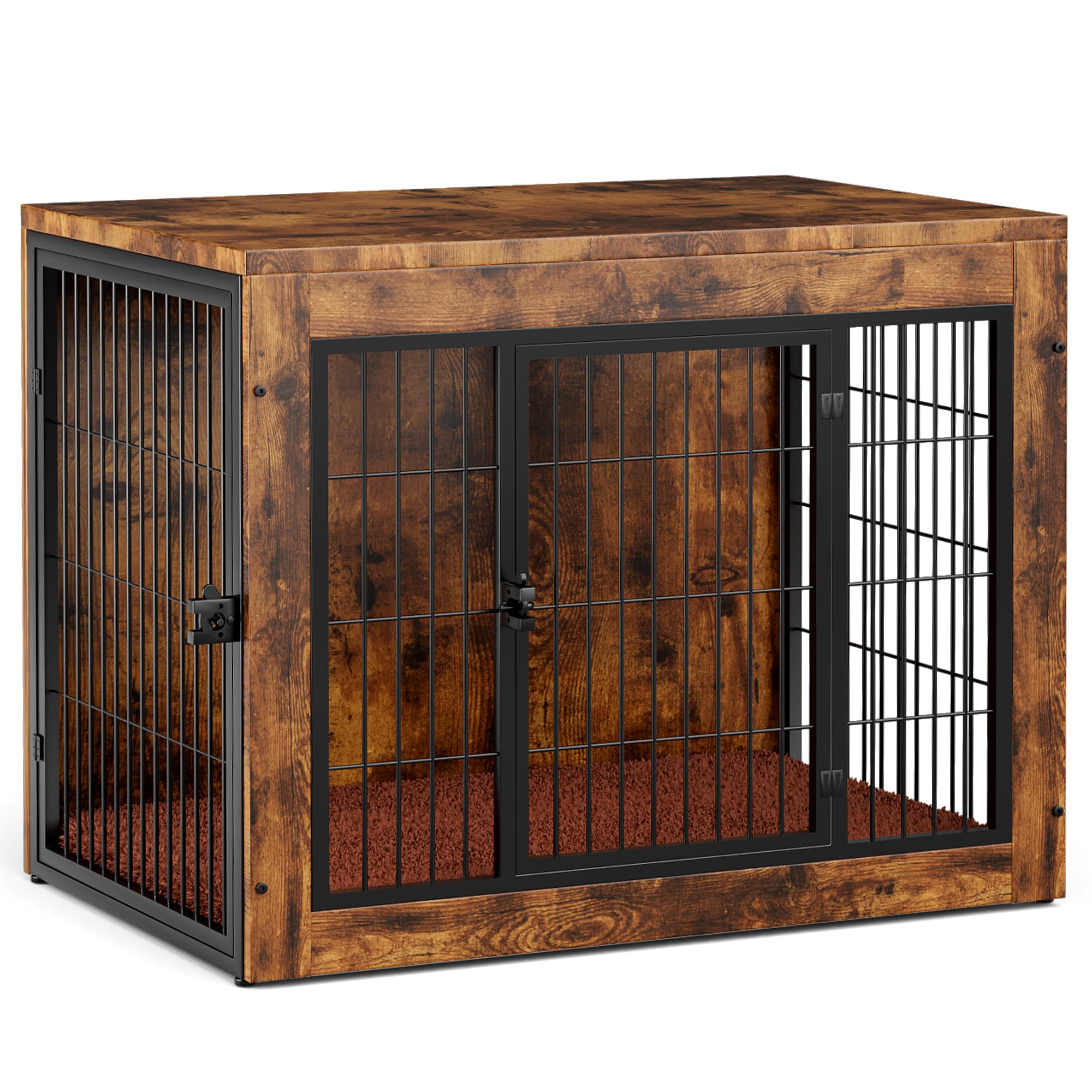 Rustic Brown Dog Crate Furniture with Cushion - Indoor Dog Kennel with Double Doors, Side End Table Dog Cage for Small Medium Large Dogs - Easy Assembly (32.7