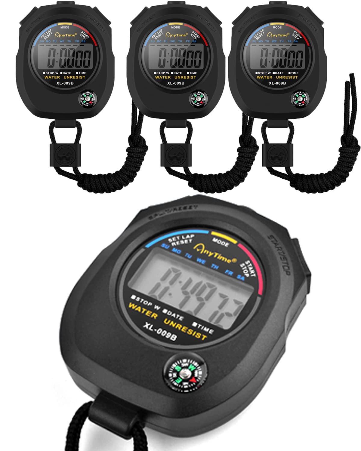 TINDTOP Digital Stopwatch Timer 4 Pack - Professional Sports Stopwatch with Calendar, Alarm & Compass - Multifunction Handheld Timer for Swimming, Running, Soccer Coaches & Referees - Perfect for Training, Competitions and Outdoor Activities