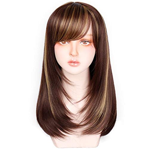 VIEWS Full Head Synthetic Women's Wig - Long Brown Hair with Golden Highlights, Natural Look for Daily Wear & Cosplay (Includes Free 2 Wig Caps + Carry Pouch) - Perfect for Parties, Halloween & Costume Events