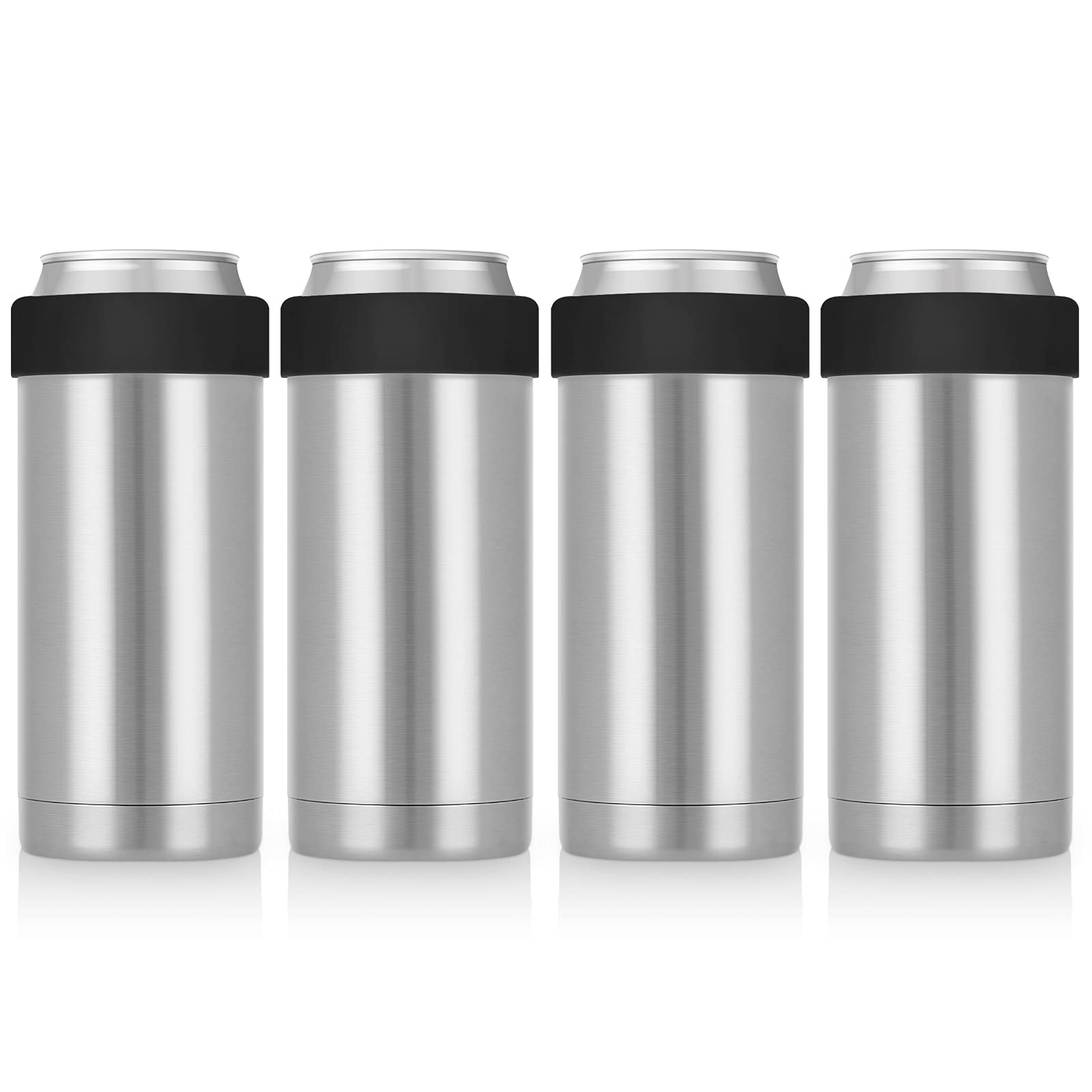 4 Pack Skinny Can Cooler with Straws - Double Wall Stainless Steel Insulated Sleeves for 12oz Standard Cans - Classic Vacuum Insulated Drink Cup (Silver) - Perfect for Parties, BBQs, Beach & Outdoor Events