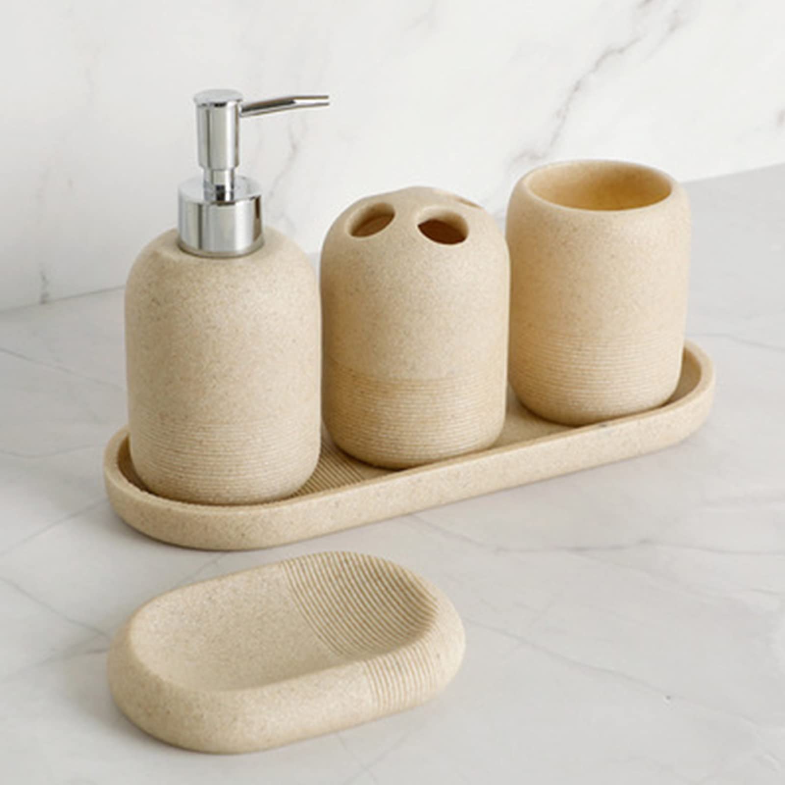 5PCS Modern Farmhouse Bathroom Set - Polyresin Lotion Dispenser, Toothbrush Holder, Tray & Tumbler Cup | Bathroom Decor Accessories | Perfect Housewarming Gift & Home Decor Idea for Guest Bath, Master Bath or Powder Room
