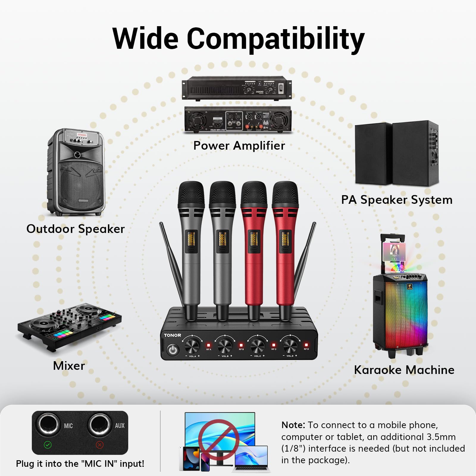 TONOR Wireless Microphone System - 4 Handheld Mics with 10 UHF Channels, 200ft Range, Stable Signal for Karaoke, Parties, Church, Wedding & PA Speakers | Ideal for Live Performances, Events & Home Entertainment