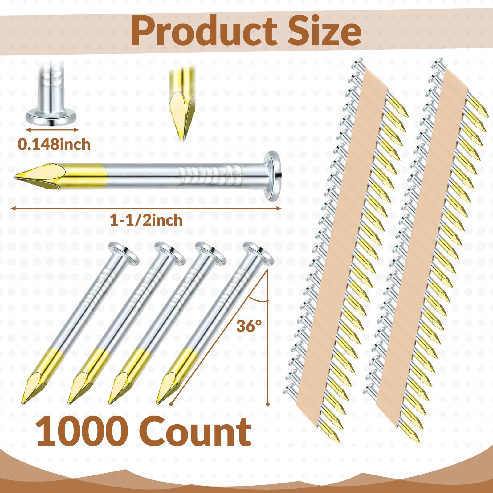Hicarer 1000-Pack 1-1/2 x 0.148 Inch 36° Galvanized Framing Nails - Round Head Smooth Shank Joist Hanger Nails for Woodworking, Construction & DIY Projects - Perfect for Deck Building, Roofing & Furniture Making