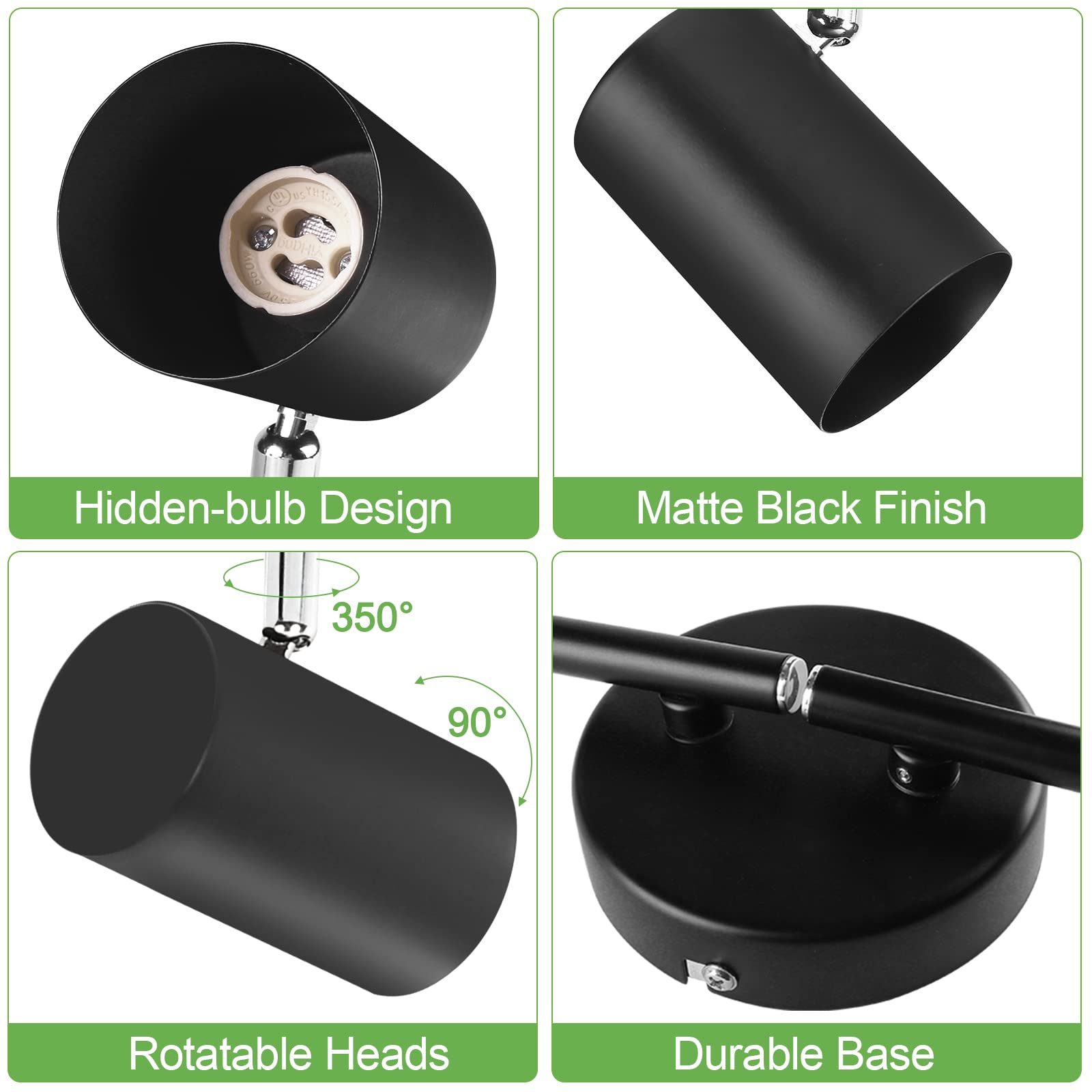 Kimjo 4-Light Black Adjustable LED Track Lighting Fixture for Ceiling - 4 Way Track Light Kit with GU10 Socket - Modern Spot Lighting for Kitchen, Dining Room, Bar, Office & Retail Spaces