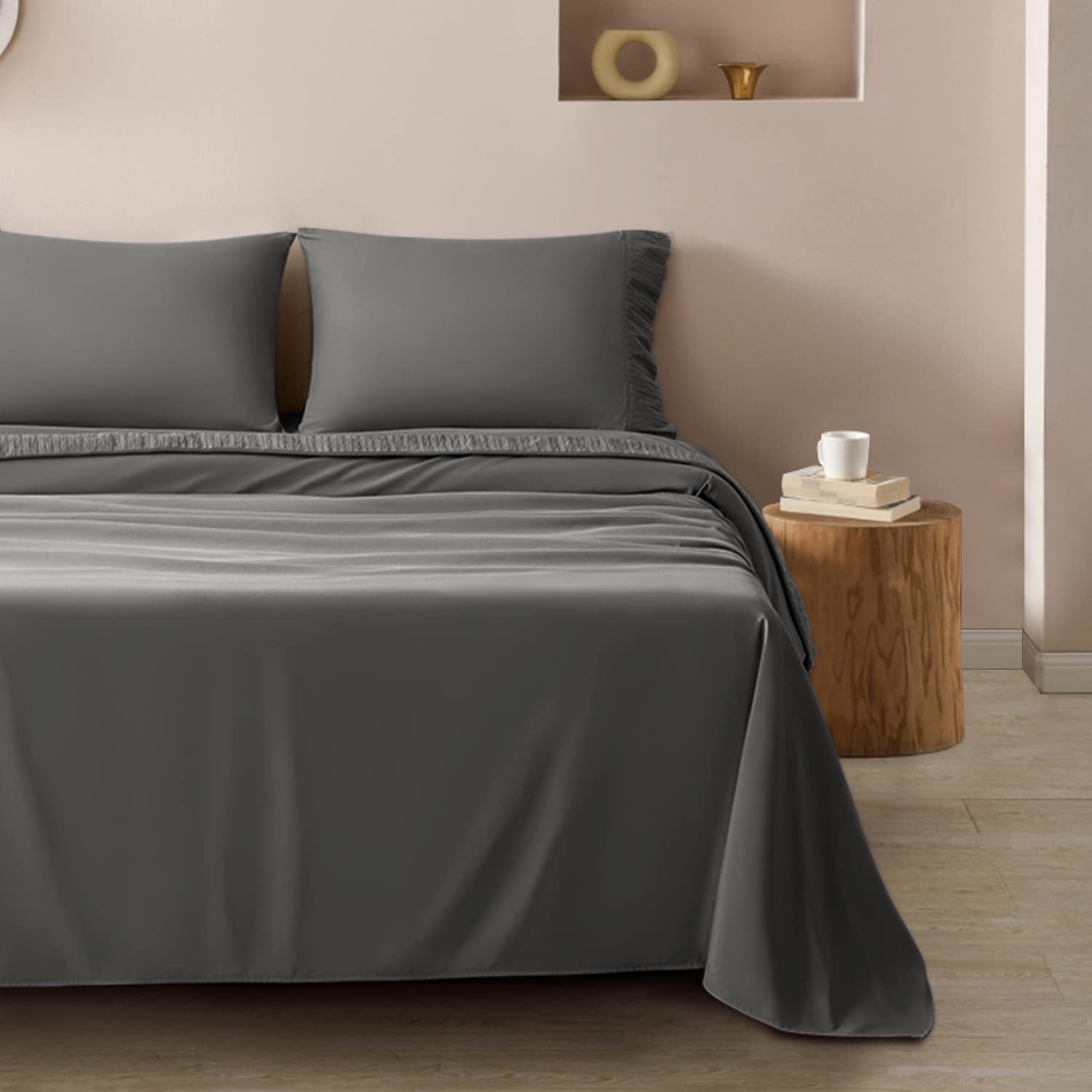 SONORO KATE 1800 Thread Count Cooling Microfiber Bed Sheet Set - 4 Piece California King Size Soft Bedding with Pillowcases (Dark Grey) for Luxury Hotel-Style Comfort at Home