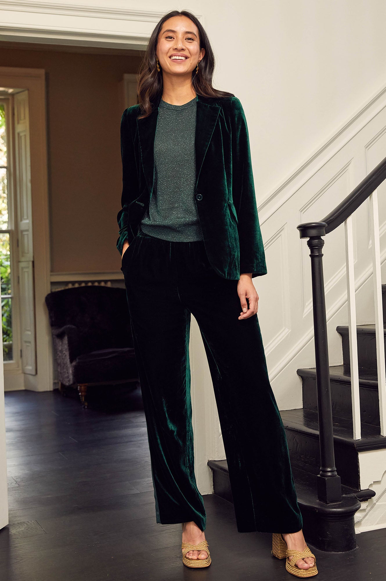 Velvet Side Stripe Trousers for Women - Emerald Green High Waist Pants, Comfortable Stretch Fabric, Fashionable Lounge & Work Pants for Office, Party & Casual Wear