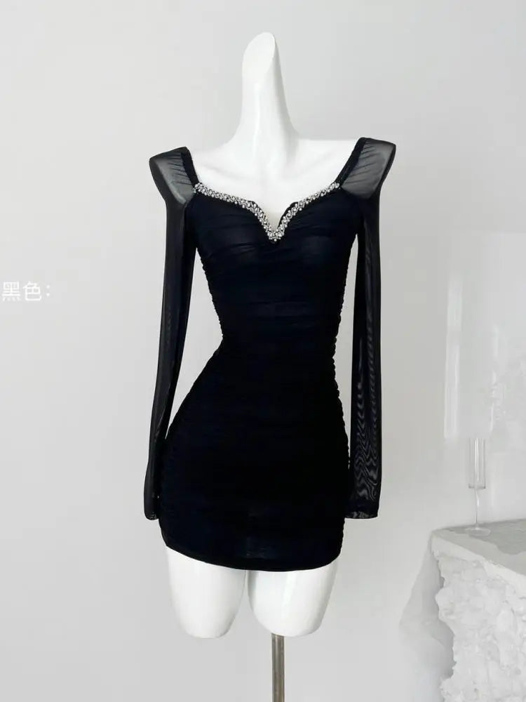**Vintage Black Mesh Square Neck Pleated Short Dress for Women - Elegant Brown Diamond Long Sleeve Party Dress for Fall Festivals, Date Nights & Special Occasions**