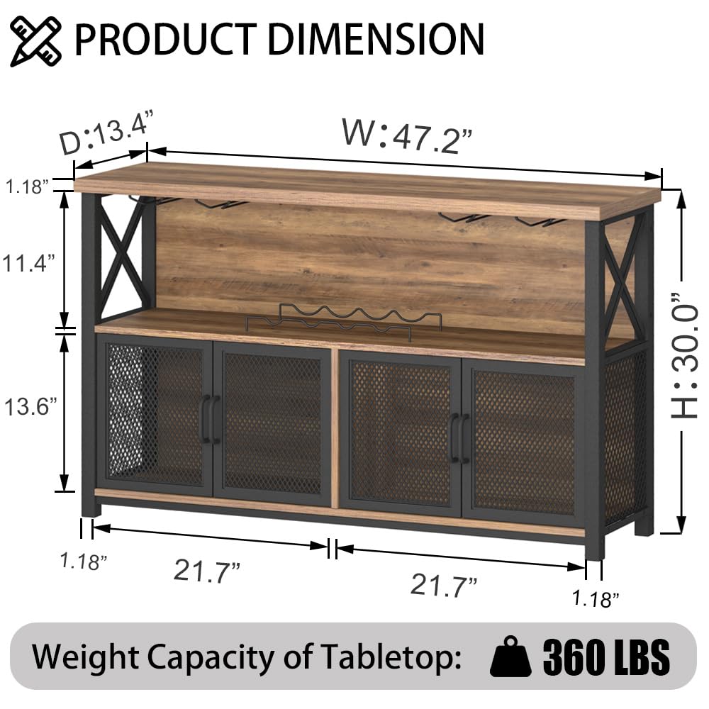 LVB Industrial Wine Bar Cabinet - 47 Inch Rustic Oak Buffet Sideboard with Metal & Wood Design for Liquor, Glasses & Coffee Storage | Perfect for Farmhouse Dining Room, Kitchen & Home Bar Setup