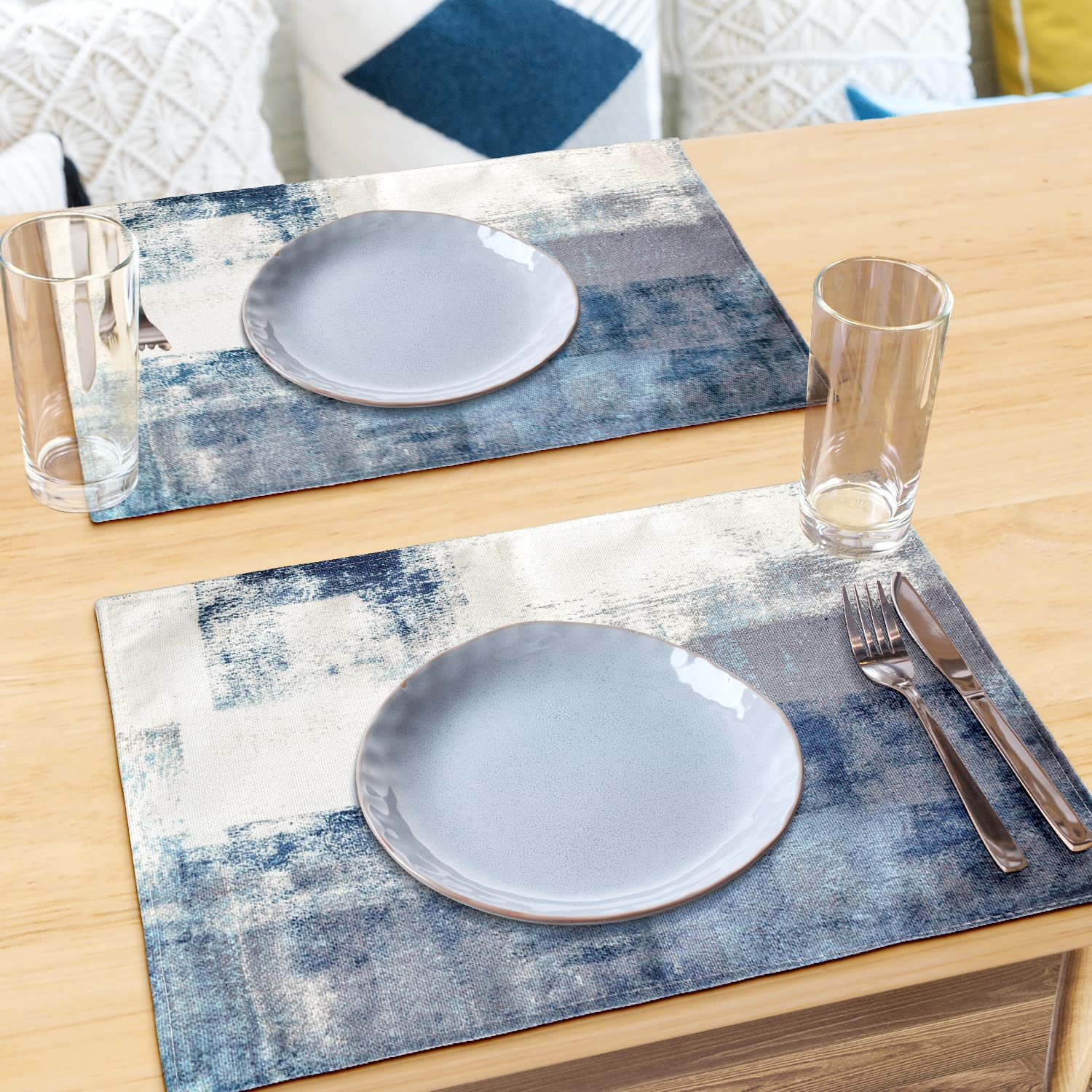 Blue Abstract White and Grey Modern Art Placemats Set of 4 - Heat Resistant Non-Slip Dining Mats for Kitchen & Table Decor - Washable 18x12 Inch Placemats for Home, Restaurant, and Party Use