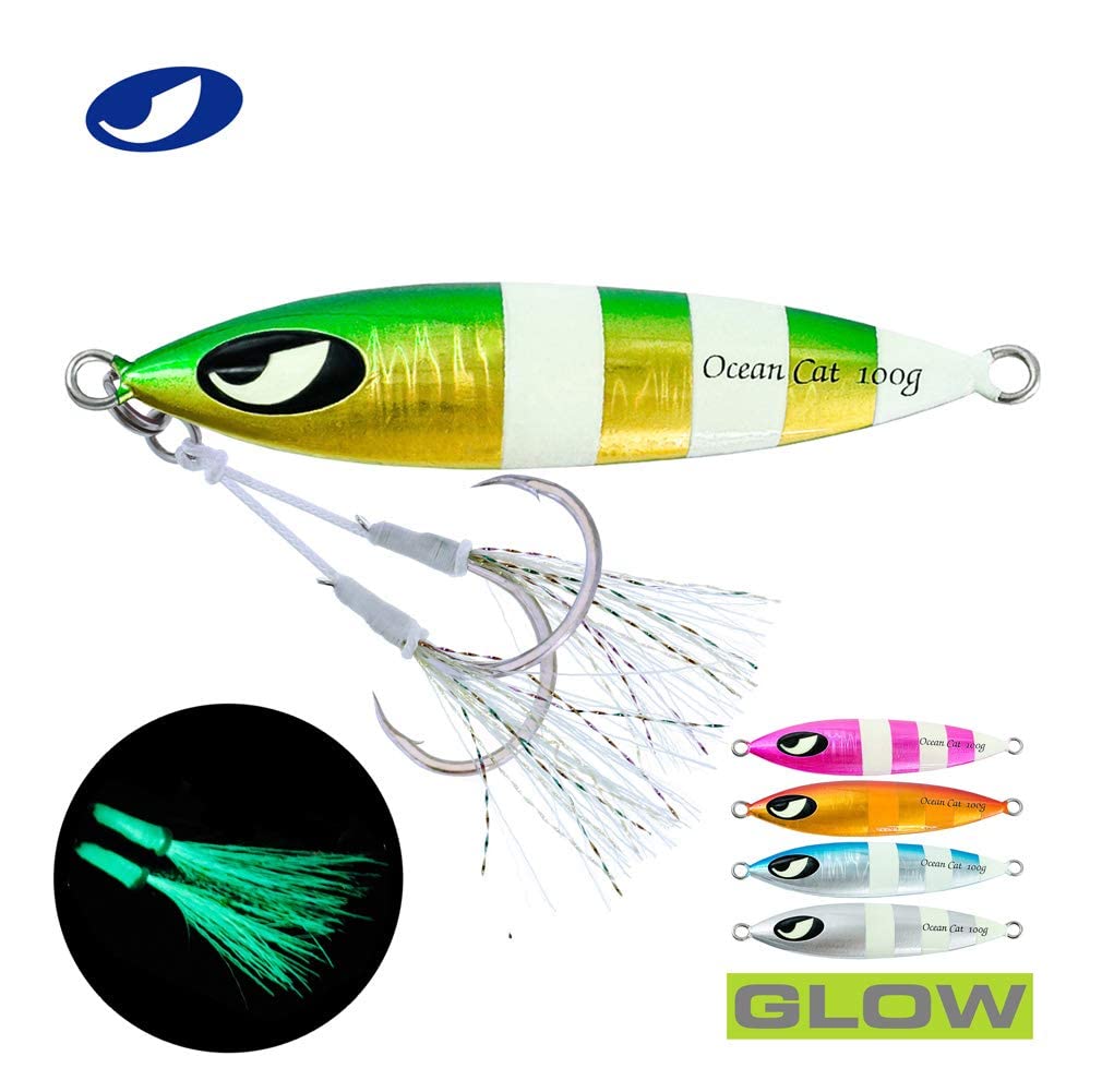 OCEAN CAT Slow Sinking Metal Jig Lures - 1PC Lead Flat Jigging Bait with Hook for Saltwater Fishing | Perfect for Deep Sea, Pier & Shoreline Angling